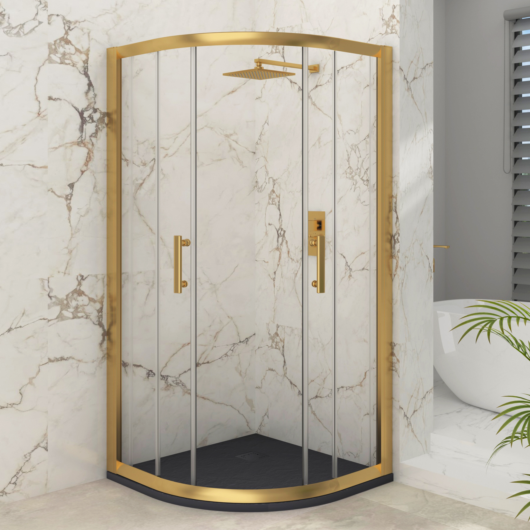 Venice Brushed Brass Quadrant Shower Enclosure with Grey Stone Shower Tray - 6mm Double Sliding Door