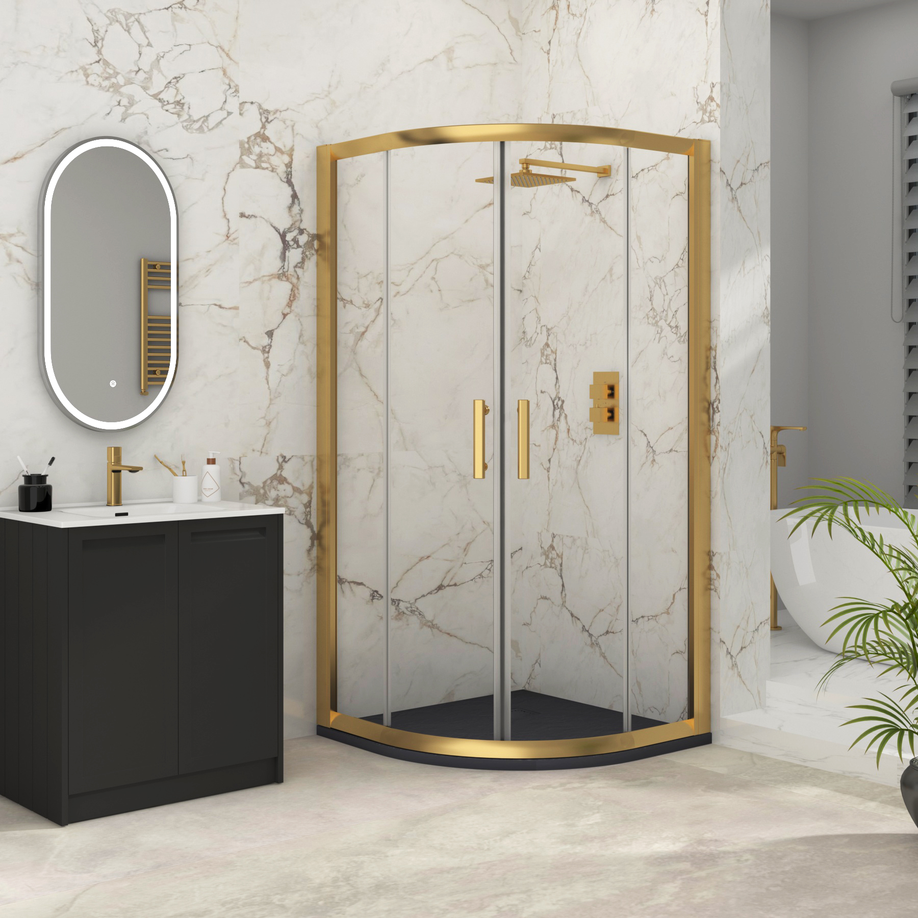 Venice Brushed Brass Quadrant Shower Enclosure with Grey Stone Shower Tray - 6mm Double Sliding Door