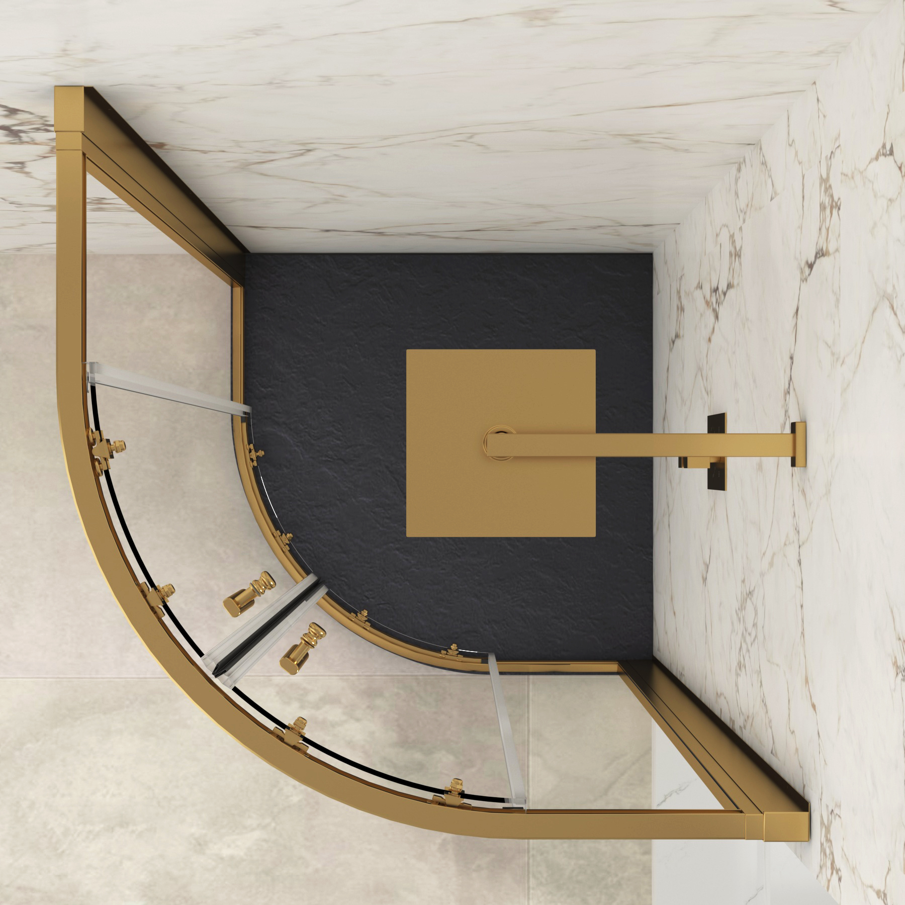 Venice Brushed Brass Quadrant Shower Enclosure with Grey Stone Shower Tray - 6mm Double Sliding Door
