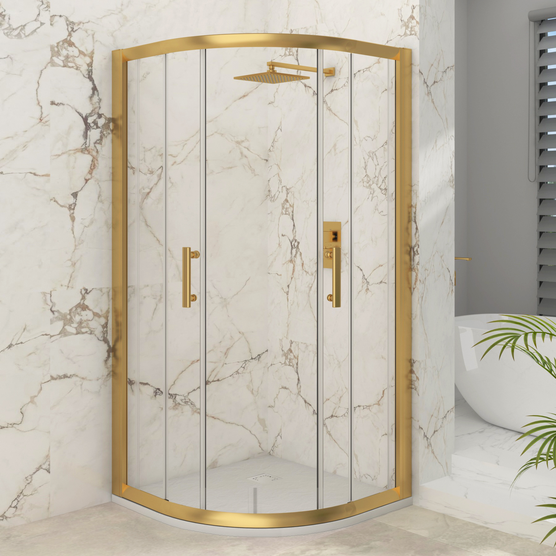 Venice Brushed Brass Quadrant Shower Enclosure with White Stone Shower Tray - 6mm Double Sliding Door