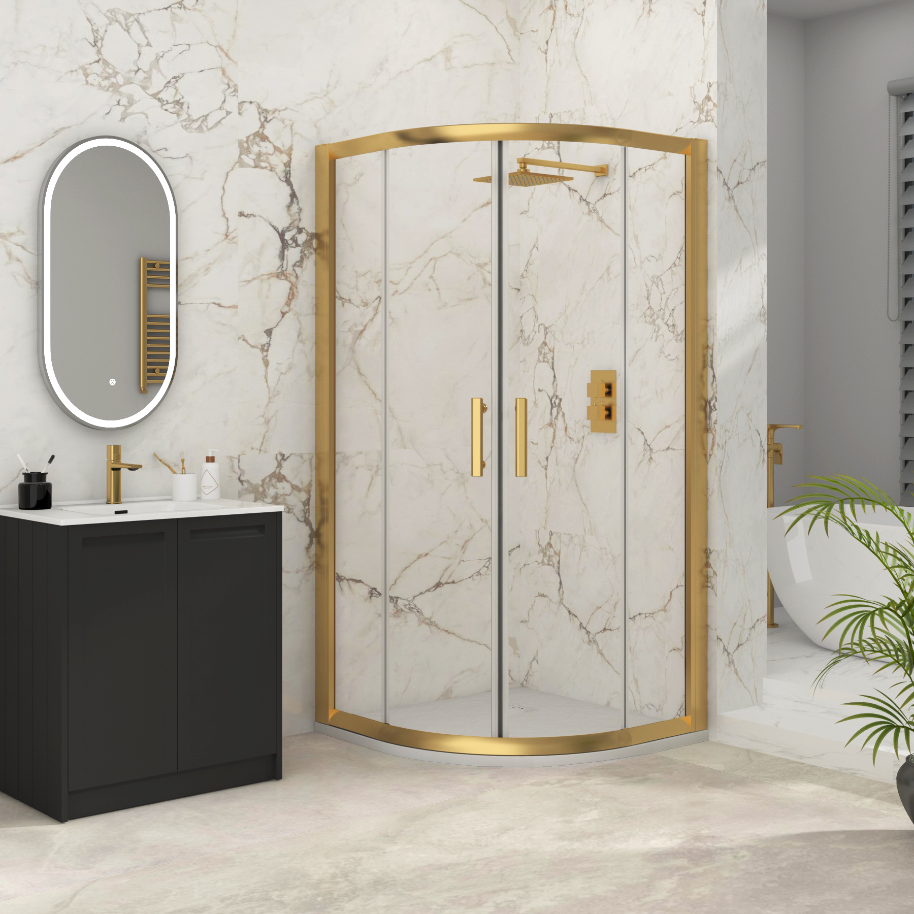 Venice Brushed Brass Quadrant Shower Enclosure with White Stone Shower Tray - 6mm Double Sliding Door