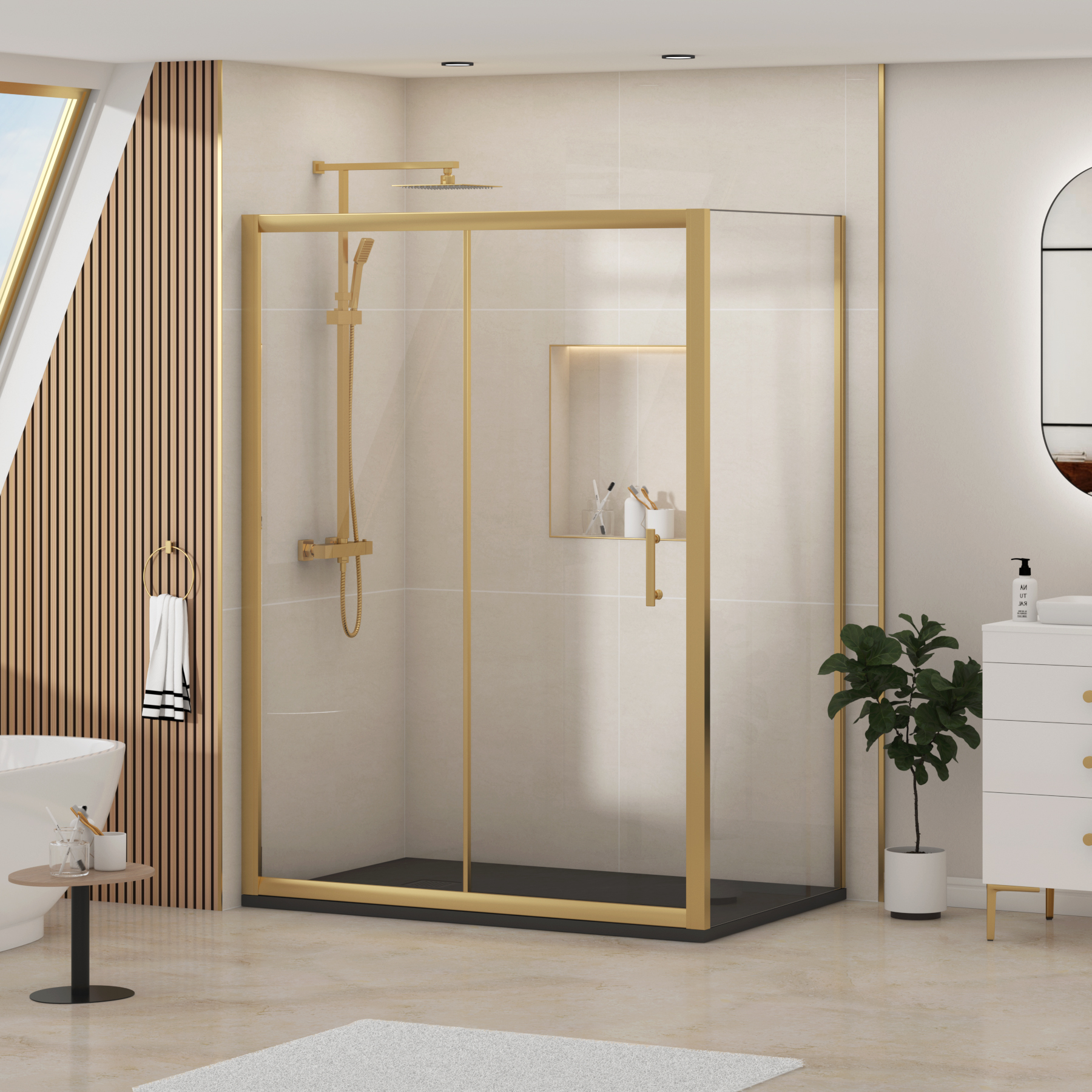 Venice Brushed Brass Sliding Door Shower Enclosure with Side Panel & Black Slate Effect Stone Shower Tray - 6mm Glass