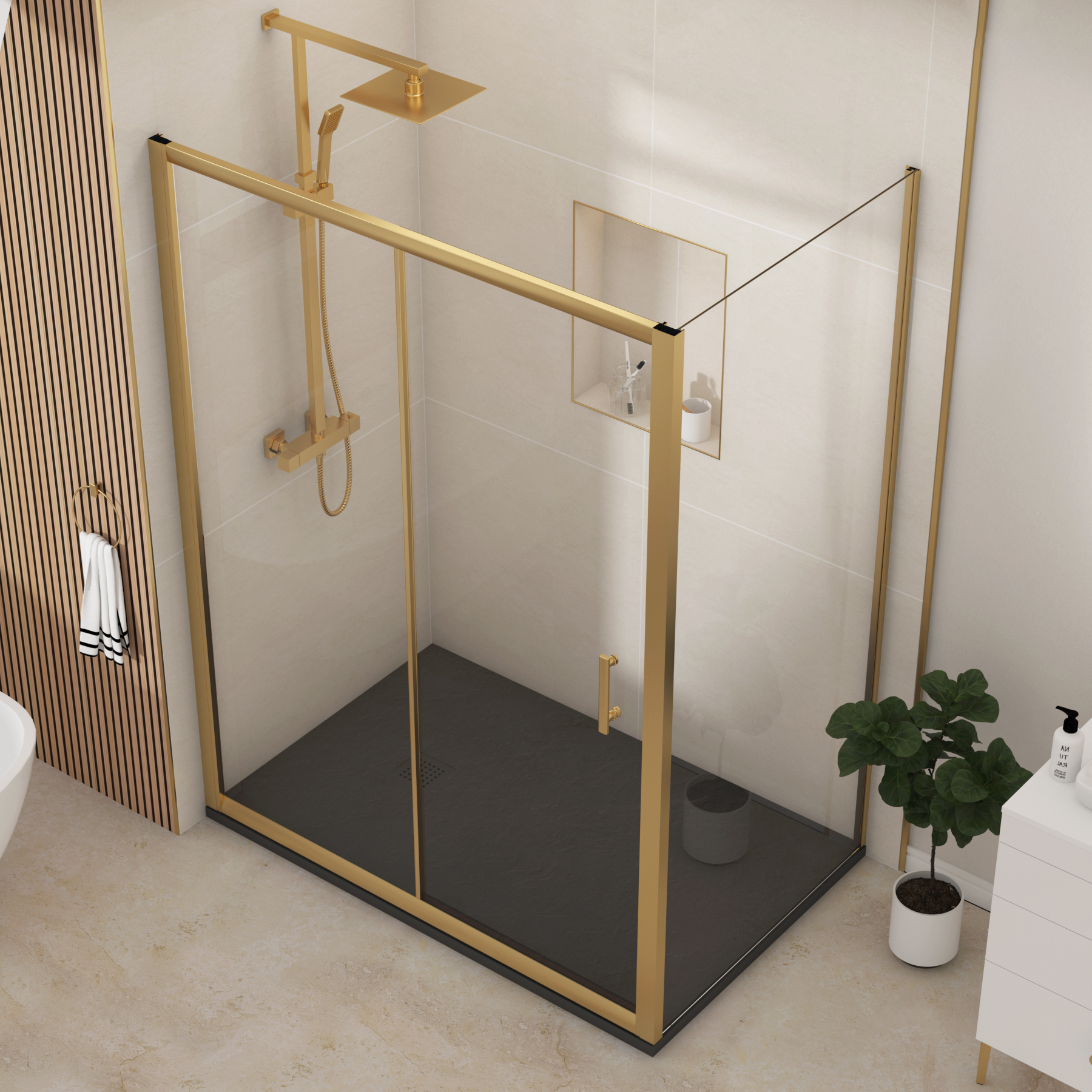 Venice Brushed Brass Sliding Door Shower Enclosure with Side Panel & Black Slate Effect Stone Shower Tray - 6mm Glass
