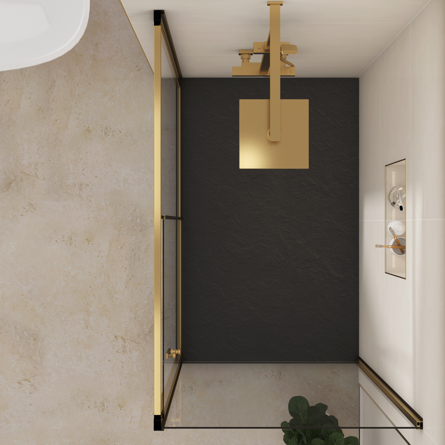 Venice Brushed Brass Sliding Door Shower Enclosure with Side Panel & Black Slate Effect Stone Shower Tray - 6mm Glass