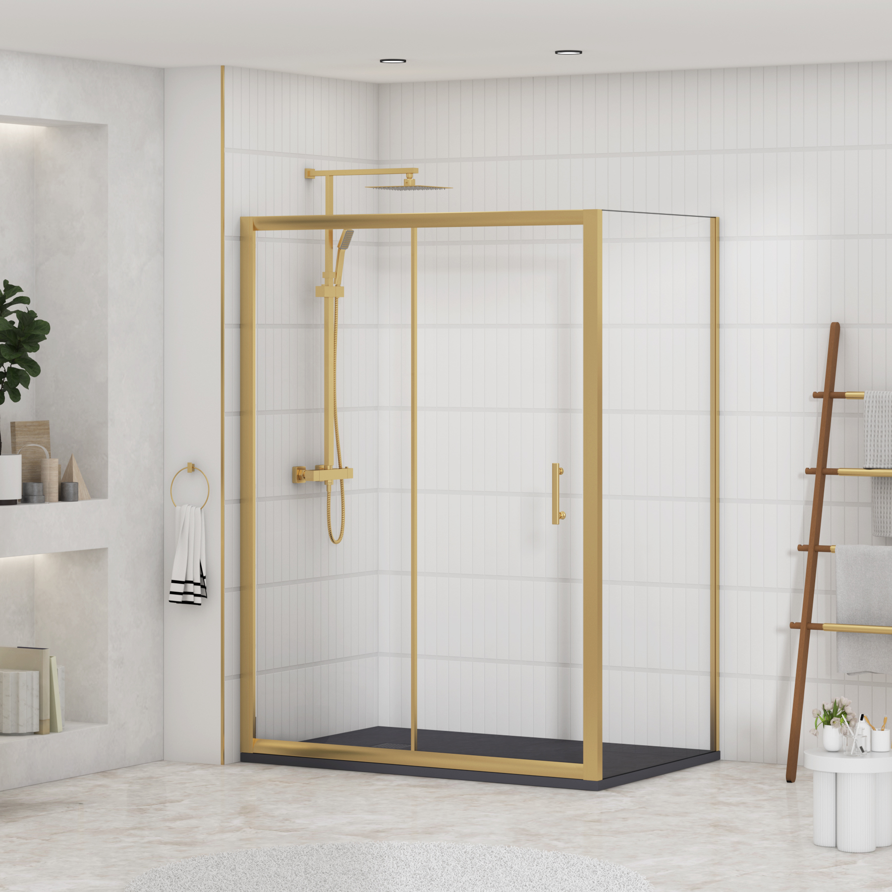 Venice Brushed Brass Sliding Door Shower Enclosure with Side Panel & Grey Slate Effect Stone Shower Tray - 6mm Glass