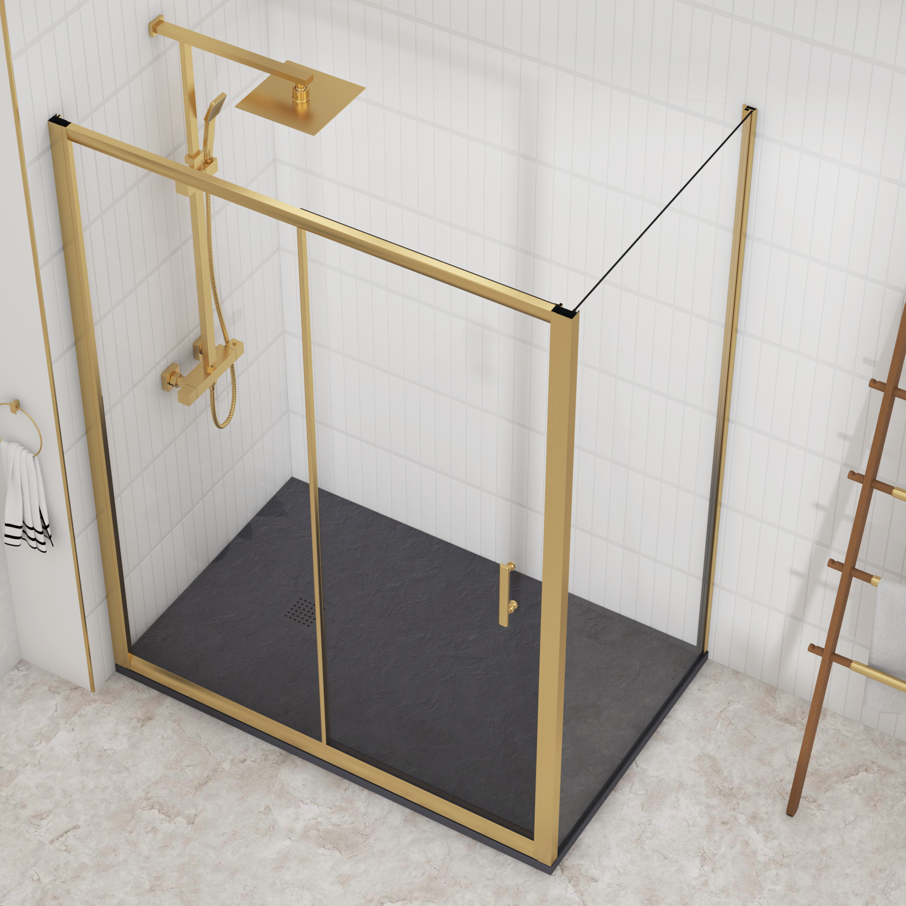Venice Brushed Brass Sliding Door Shower Enclosure with Side Panel & Grey Slate Effect Stone Shower Tray - 6mm Glass