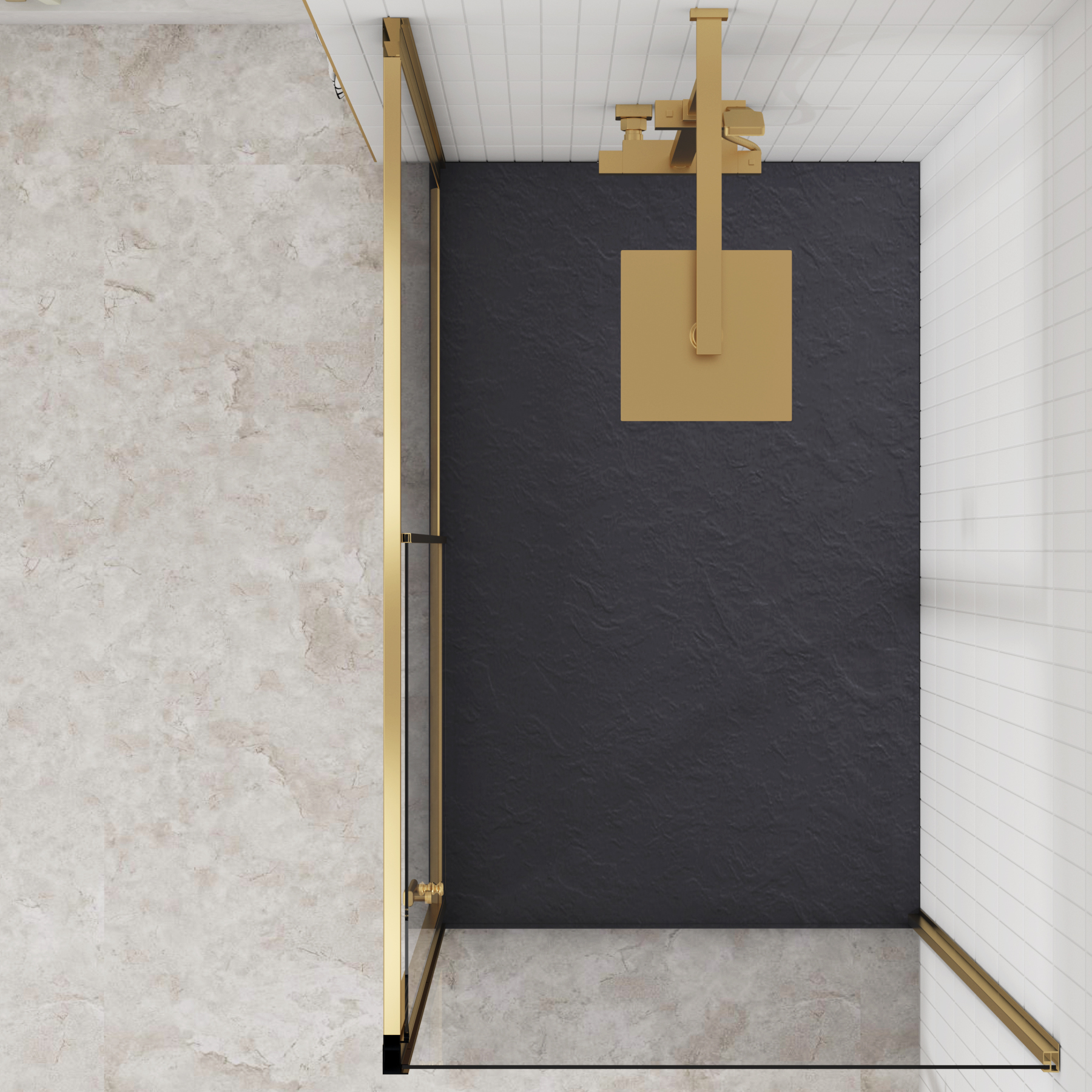 Venice Brushed Brass Sliding Door Shower Enclosure with Side Panel & Grey Slate Effect Stone Shower Tray - 6mm Glass