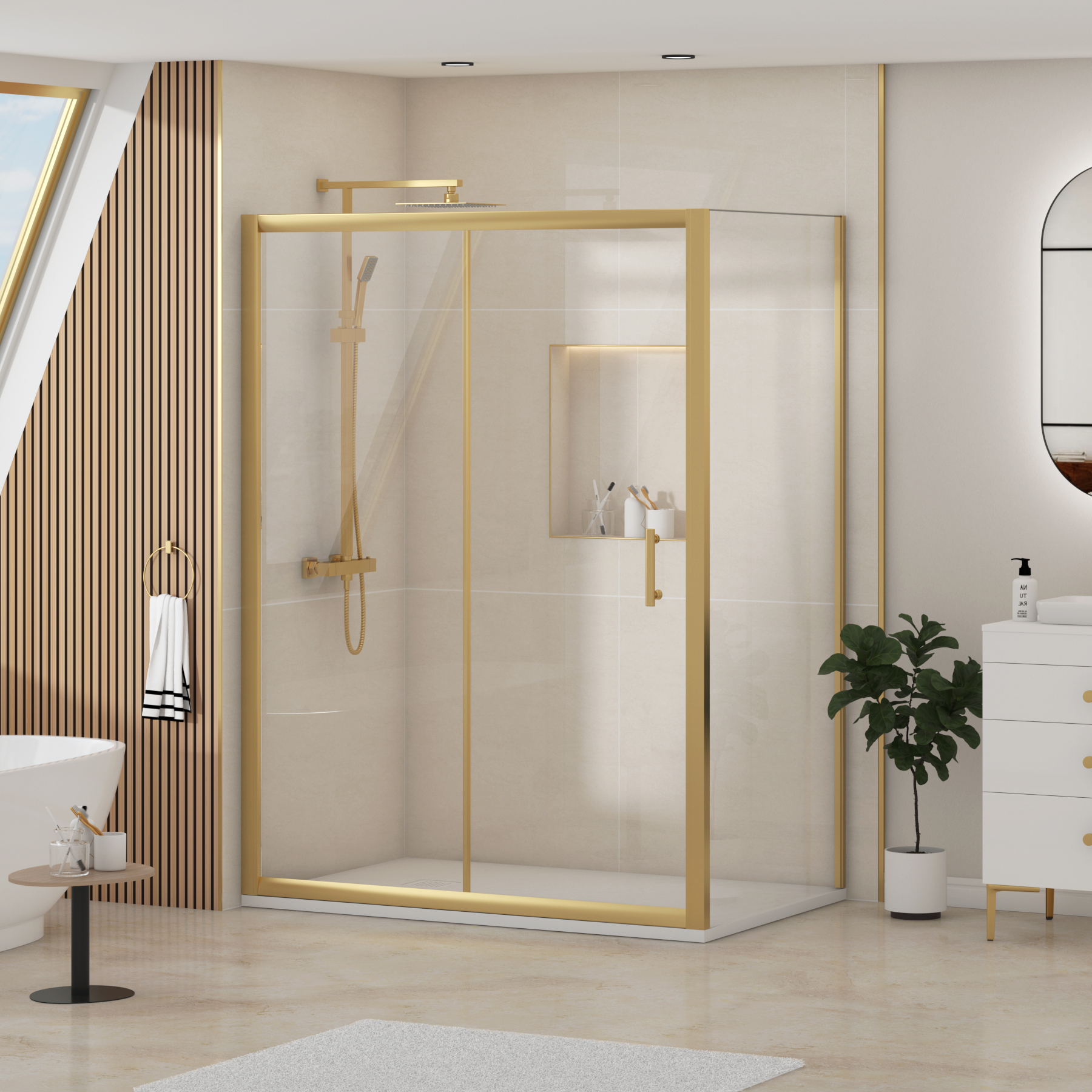 Venice Brushed Brass Sliding Door Shower Enclosure with Side Panel & White Slate Effect Stone Shower Tray - 6mm Glass