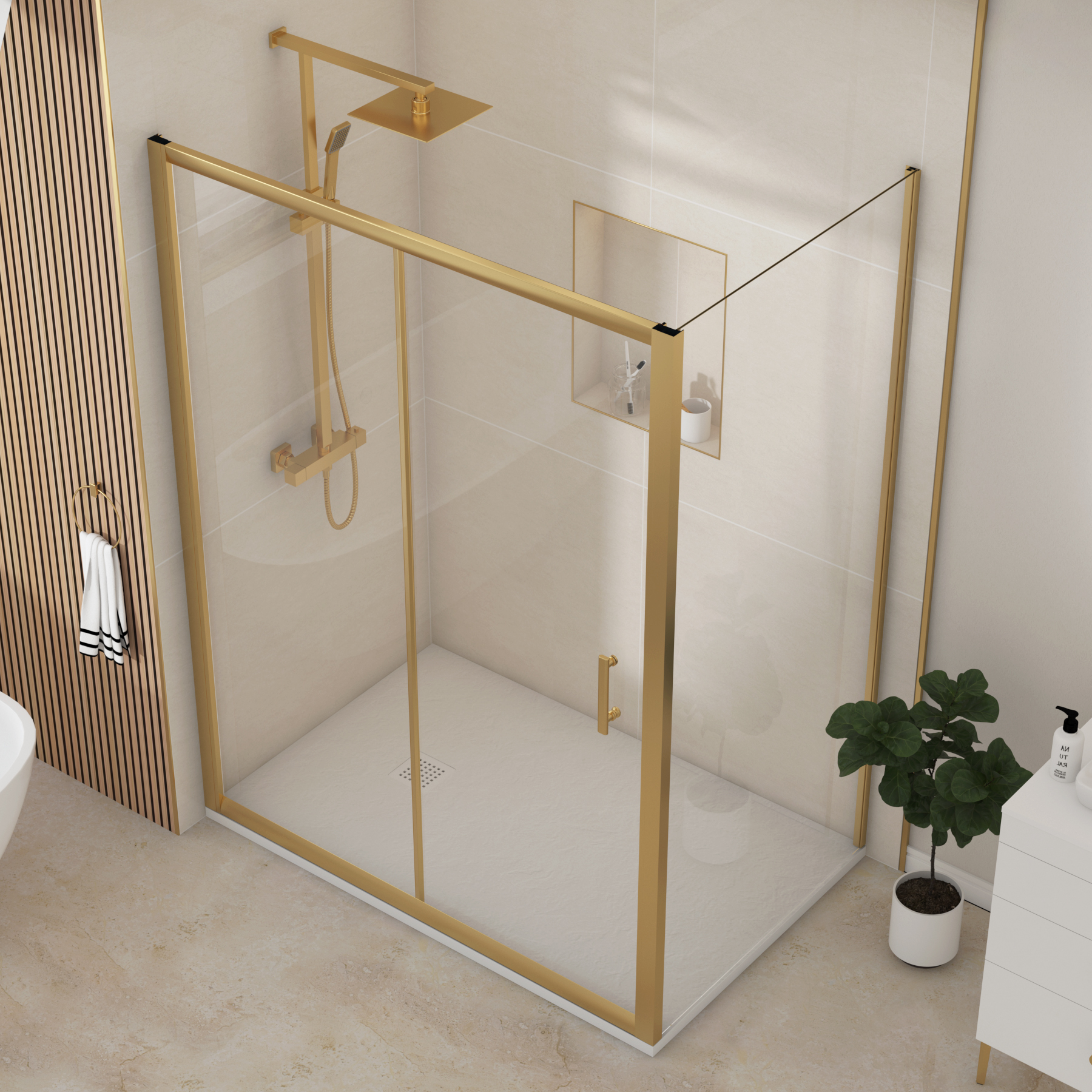Venice Brushed Brass Sliding Door Shower Enclosure with Side Panel & White Slate Effect Stone Shower Tray - 6mm Glass