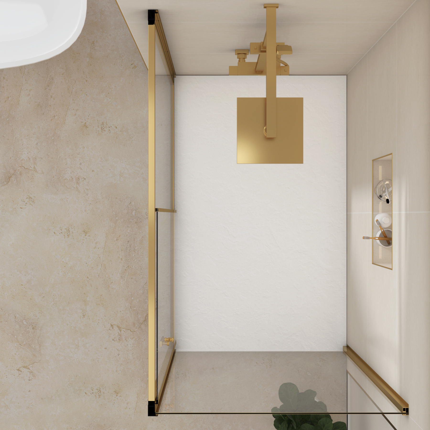 Venice Brushed Brass Sliding Door Shower Enclosure with Side Panel & White Slate Effect Stone Shower Tray - 6mm Glass
