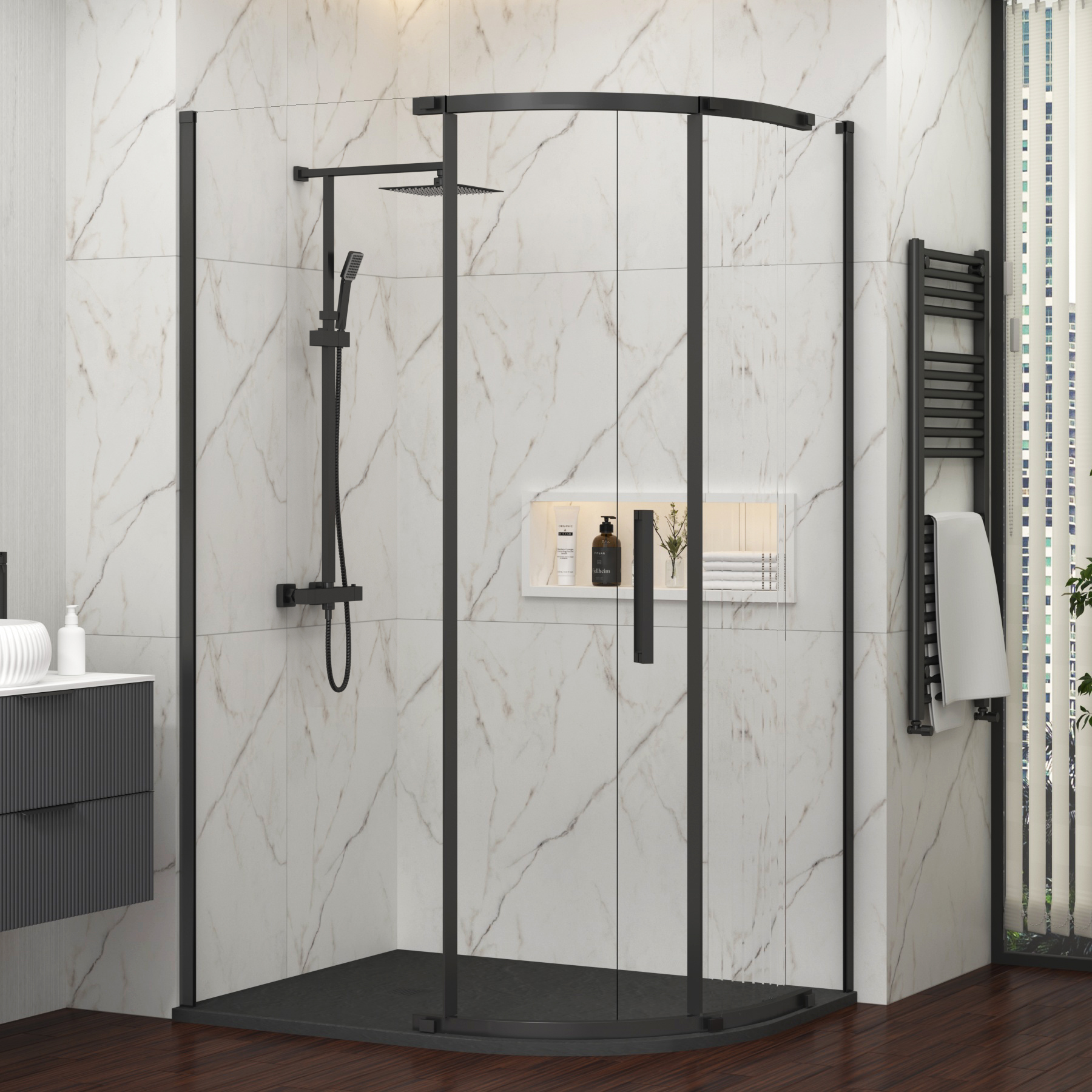Chelsea 1200 x 800mm Single Door Offset Quadrant Shower Enclosure with Black Stone Tray 8mm Easy Clean Glass, 1950mm Tall - Matt Black