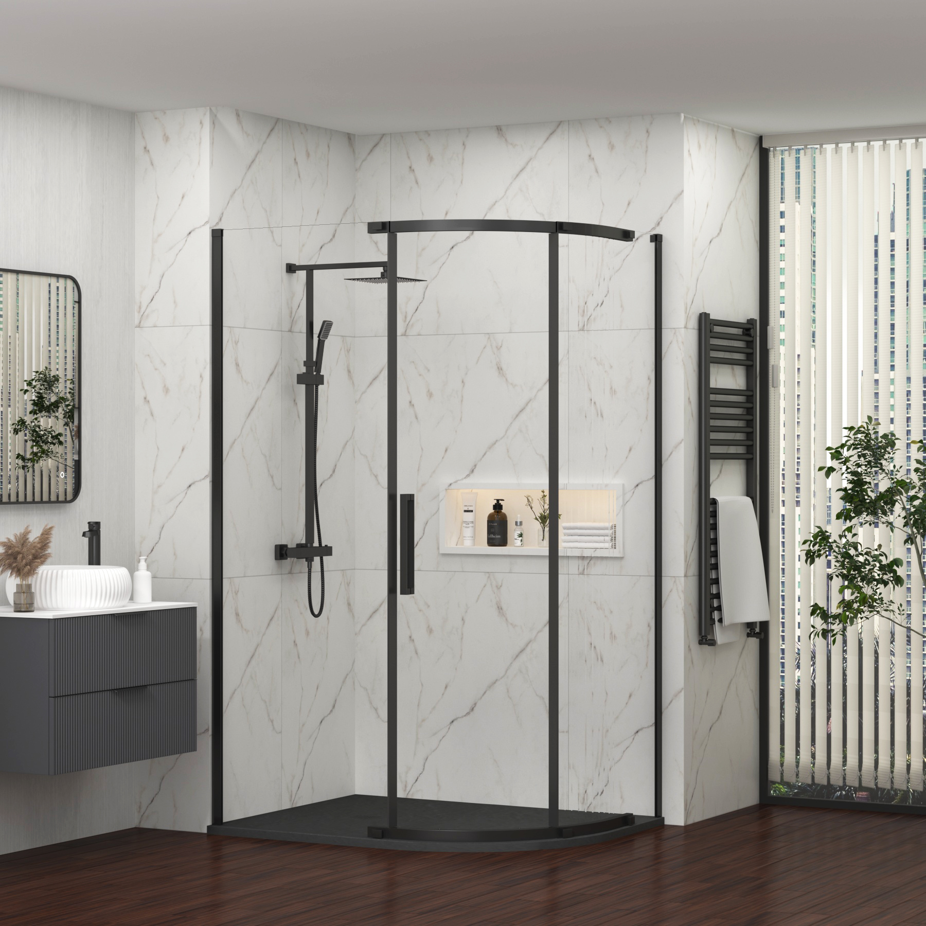 Chelsea 1200 x 800mm Single Door Offset Quadrant Shower Enclosure with Black Stone Tray 8mm Easy Clean Glass, 1950mm Tall - Matt Black