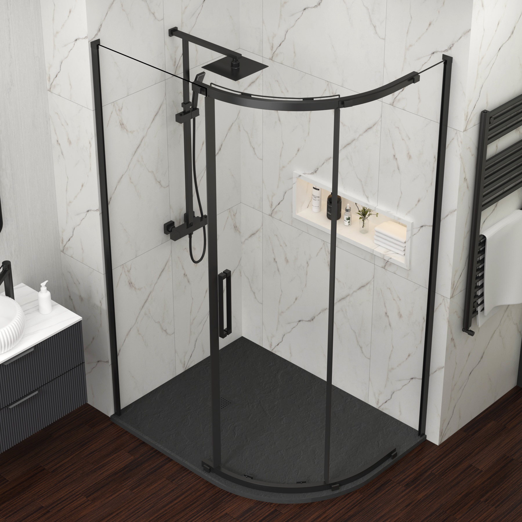 Chelsea 1200 x 800mm Single Door Offset Quadrant Shower Enclosure with Black Stone Tray 8mm Easy Clean Glass, 1950mm Tall - Matt Black