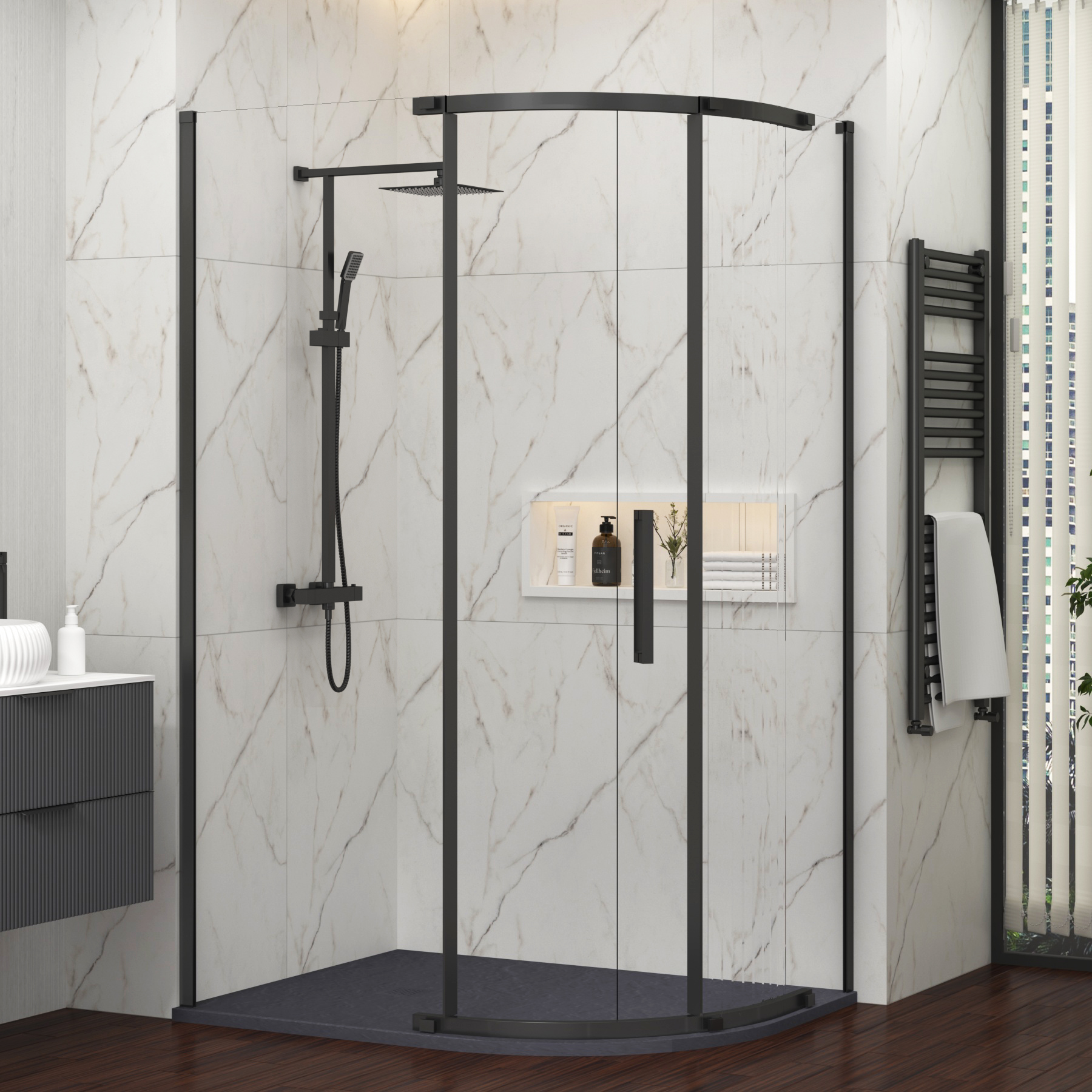 Chelsea 1200 x 800mm Single Door Offset Quadrant Shower Enclosure with Grey Stone Tray 8mm Easy Clean Glass, 1950mm Tall - Matt Black