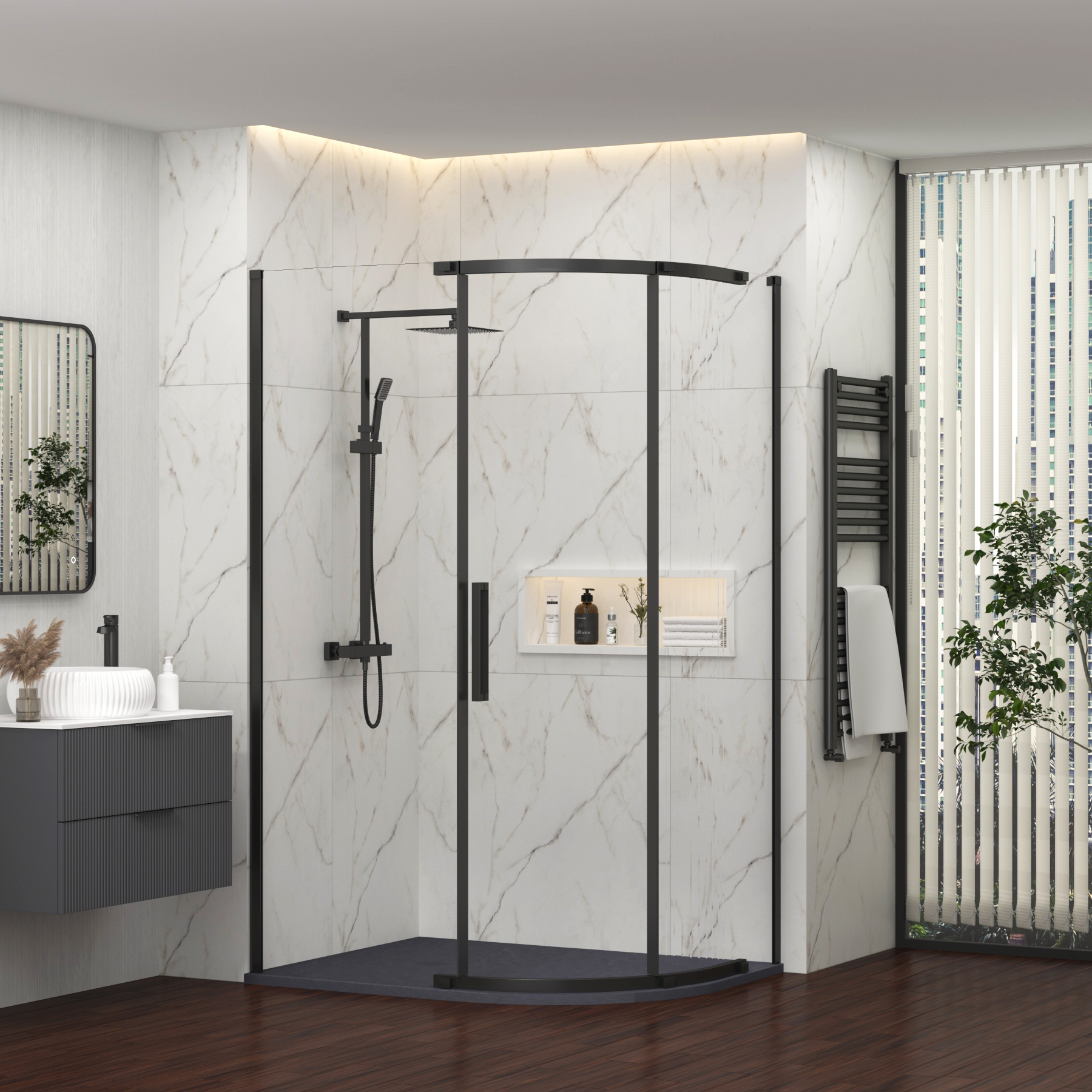 Chelsea 1200 x 800mm Single Door Offset Quadrant Shower Enclosure with Grey Stone Tray 8mm Easy Clean Glass, 1950mm Tall - Matt Black
