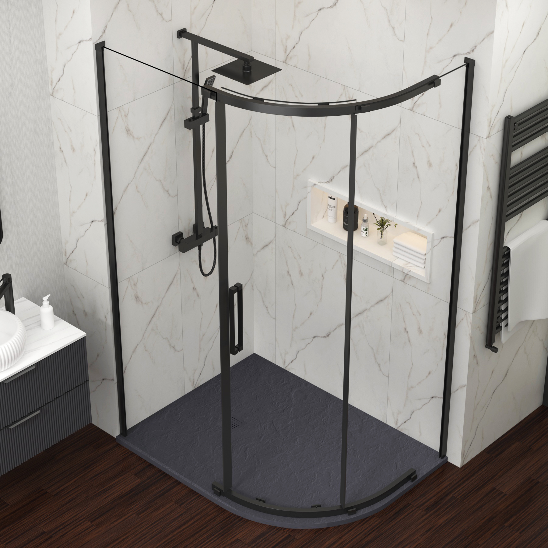 Chelsea 1200 x 800mm Single Door Offset Quadrant Shower Enclosure with Grey Stone Tray 8mm Easy Clean Glass, 1950mm Tall - Matt Black