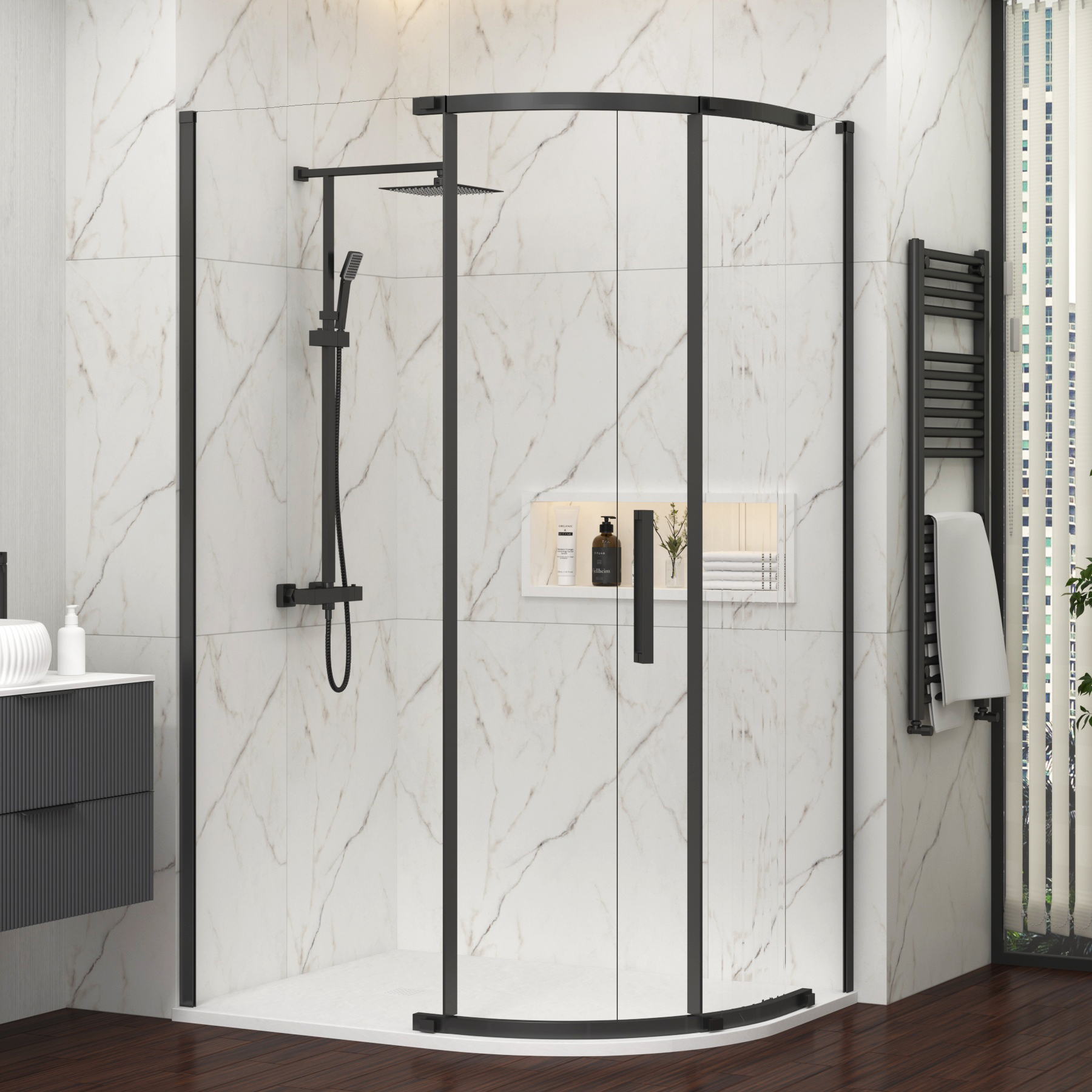 Chelsea 1200 x 800mm Single Door Offset Quadrant Shower Enclosure with White Stone Tray 8mm Easy Clean Glass, 1950mm Tall - Matt Black
