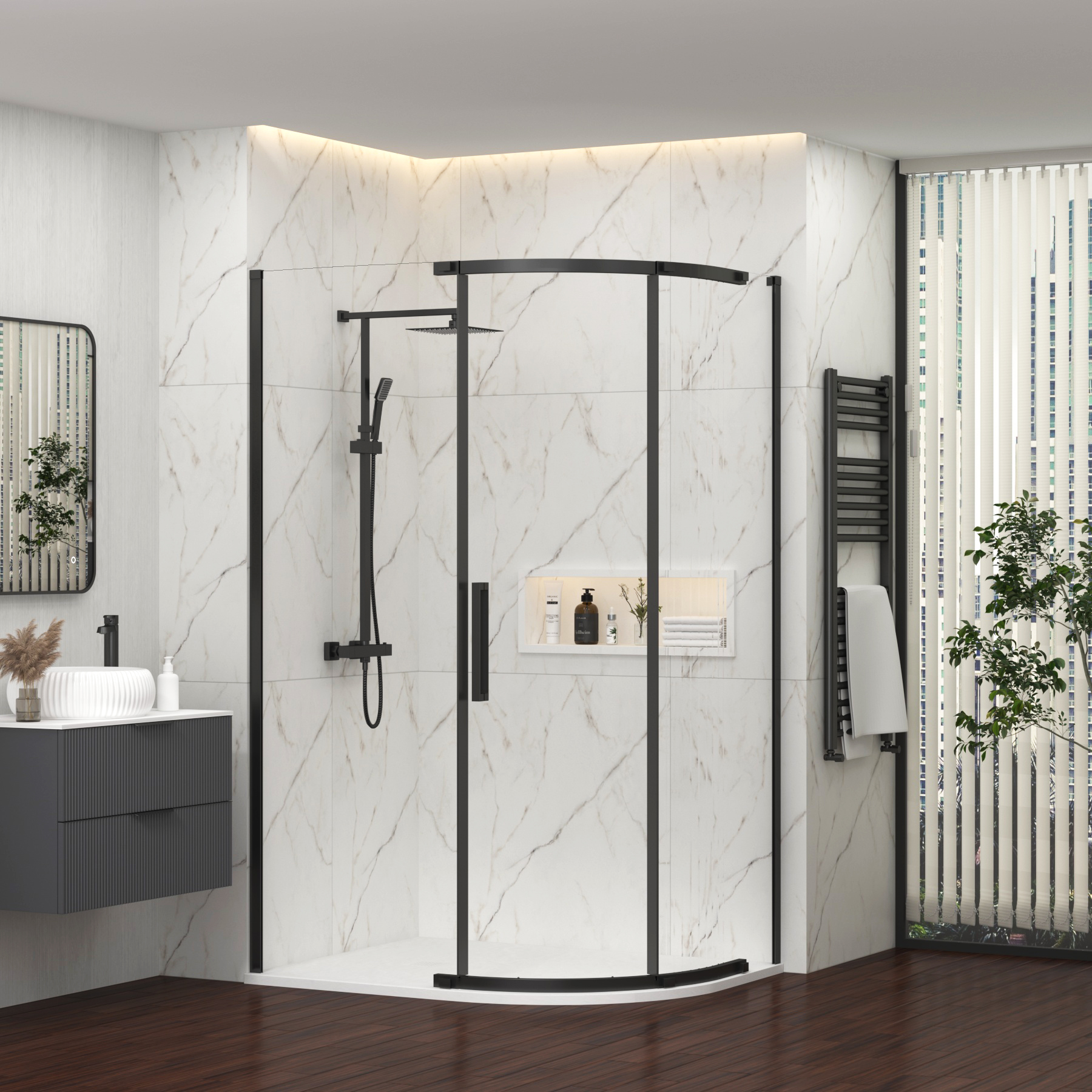 Chelsea 1200 x 800mm Single Door Offset Quadrant Shower Enclosure with White Stone Tray 8mm Easy Clean Glass, 1950mm Tall - Matt Black
