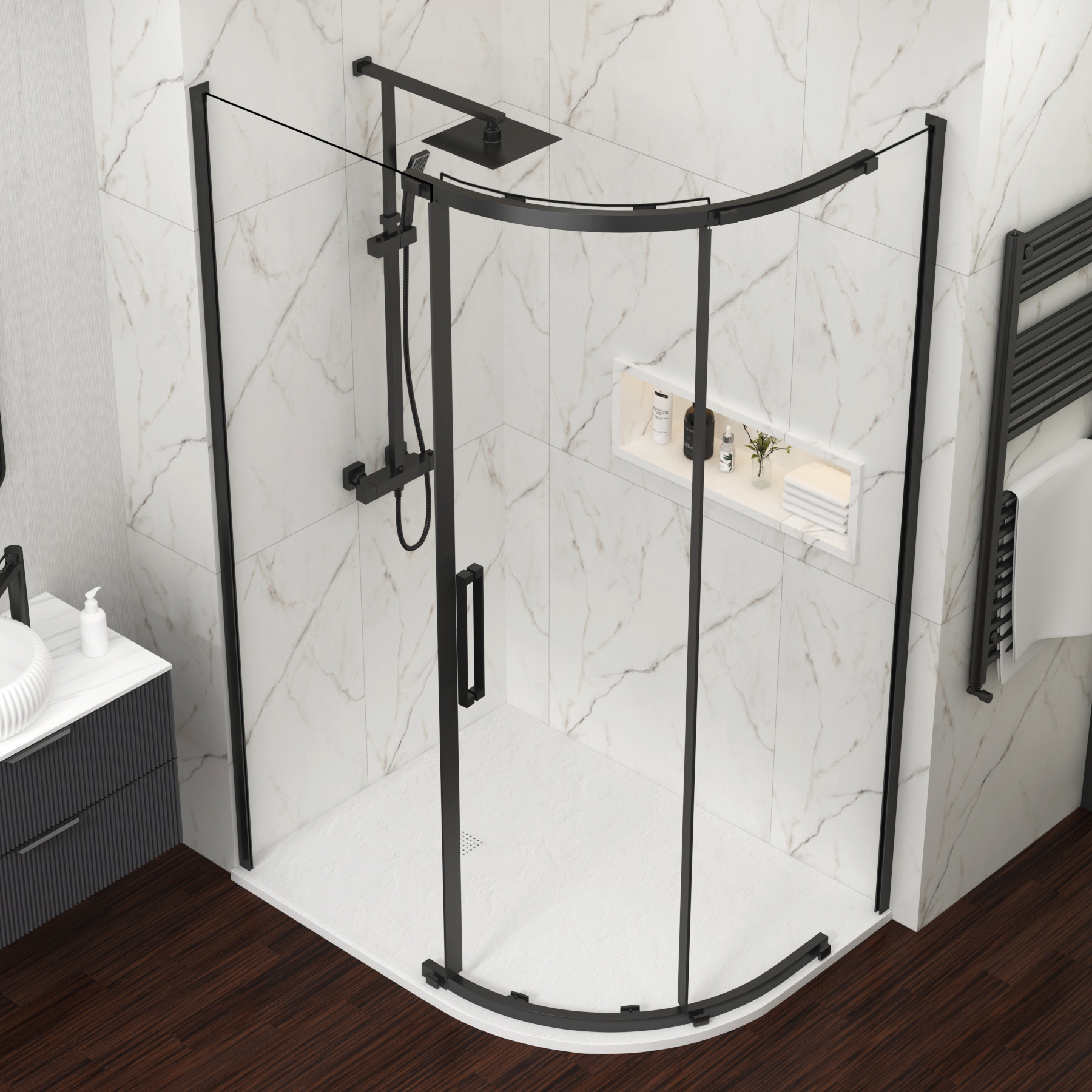 Chelsea 1200 x 800mm Single Door Offset Quadrant Shower Enclosure with White Stone Tray 8mm Easy Clean Glass, 1950mm Tall - Matt Black