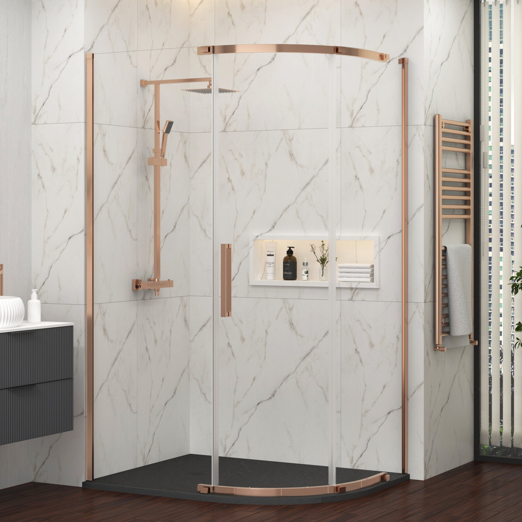 Chelsea 1200 x 800mm Single Door Offset Quadrant Shower Enclosure with Black Stone Tray 8mm Easy Clean Glass, 1950mm Tall - Brushed Bronze