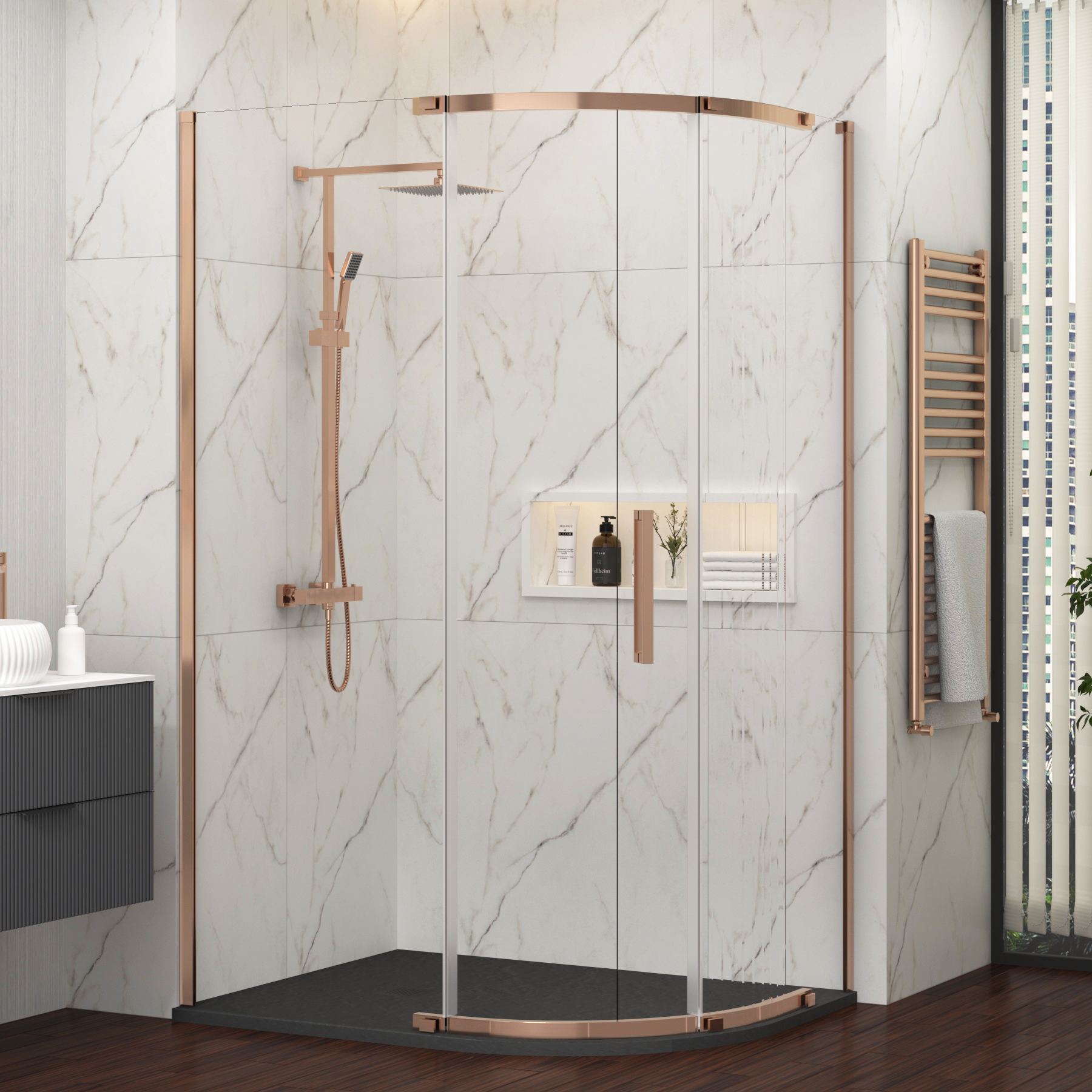 Chelsea 1200 x 800mm Single Door Offset Quadrant Shower Enclosure with Black Stone Tray 8mm Easy Clean Glass, 1950mm Tall - Brushed Bronze