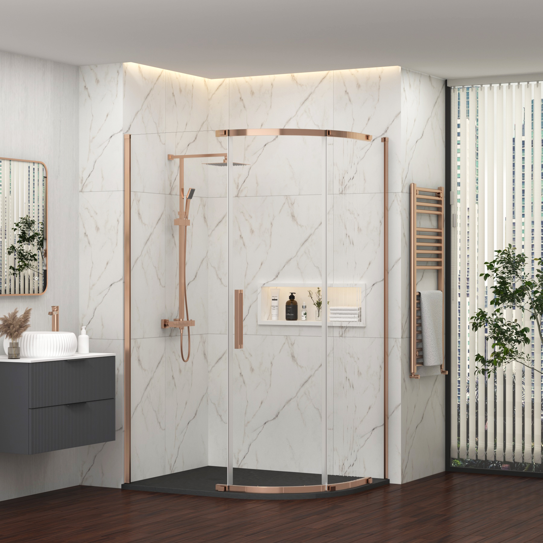 Chelsea 1200 x 800mm Single Door Offset Quadrant Shower Enclosure with Black Stone Tray 8mm Easy Clean Glass, 1950mm Tall - Brushed Bronze