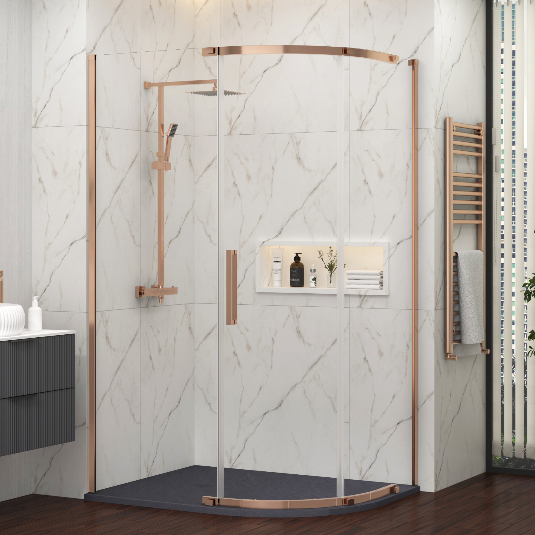 Chelsea 1200 x 800mm Single Door Offset Quadrant Shower Enclosure with Grey Stone Tray 8mm Easy Clean Glass, 1950mm Tall - Brushed Bronze