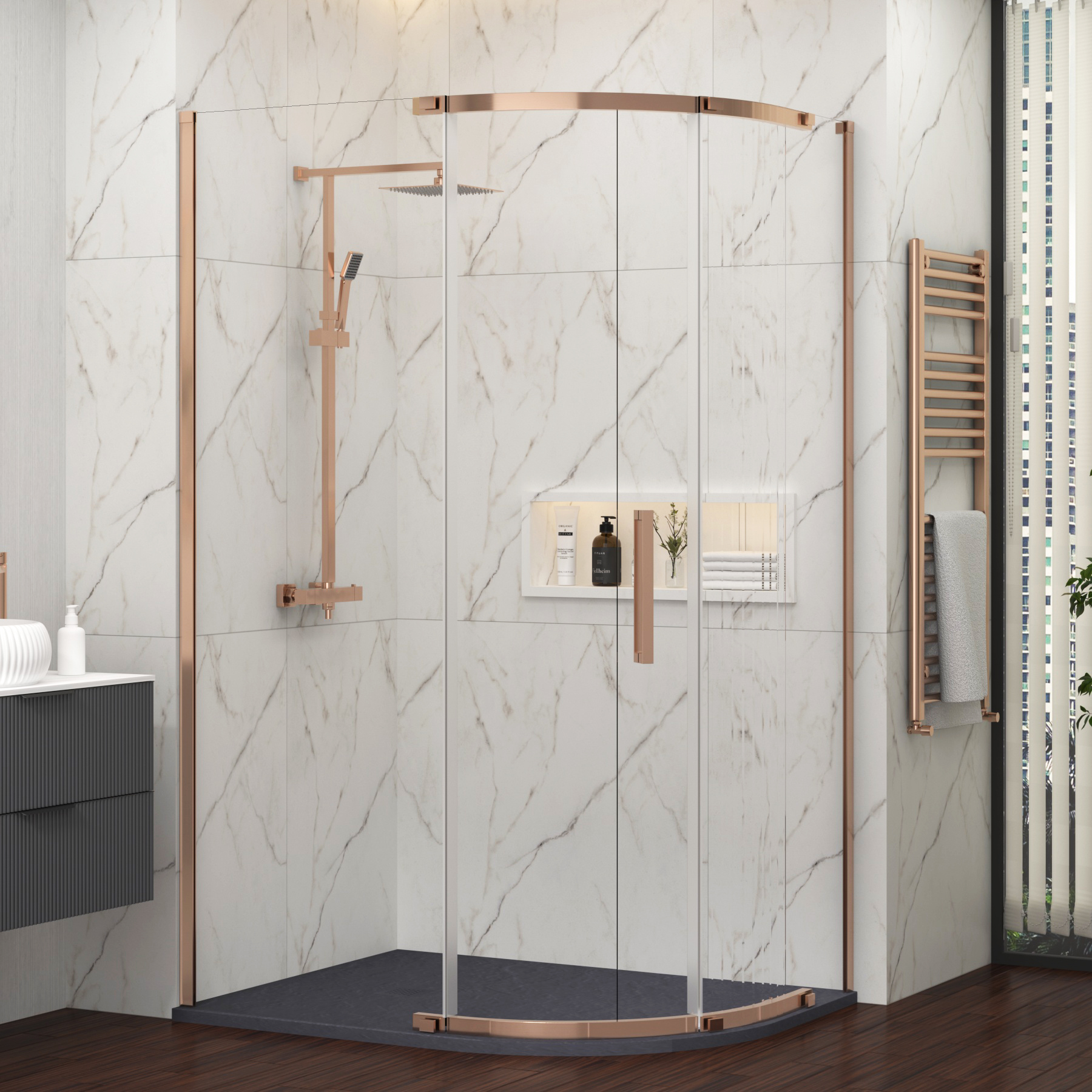 Chelsea 1200 x 800mm Single Door Offset Quadrant Shower Enclosure with Grey Stone Tray 8mm Easy Clean Glass, 1950mm Tall - Brushed Bronze
