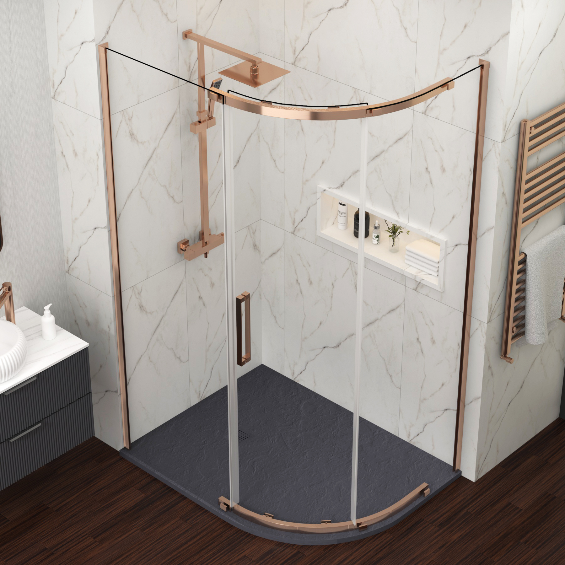 Chelsea 1200 x 800mm Single Door Offset Quadrant Shower Enclosure with Grey Stone Tray 8mm Easy Clean Glass, 1950mm Tall - Brushed Bronze