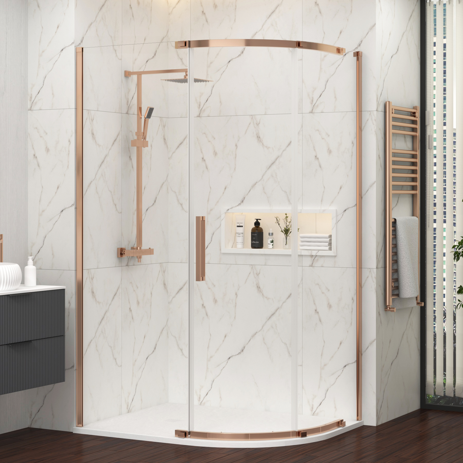 Chelsea 1200 x 800mm Single Door Offset Quadrant Shower Enclosure with White Stone Tray 8mm Easy Clean Glass, 1950mm Tall - Brushed Bronze