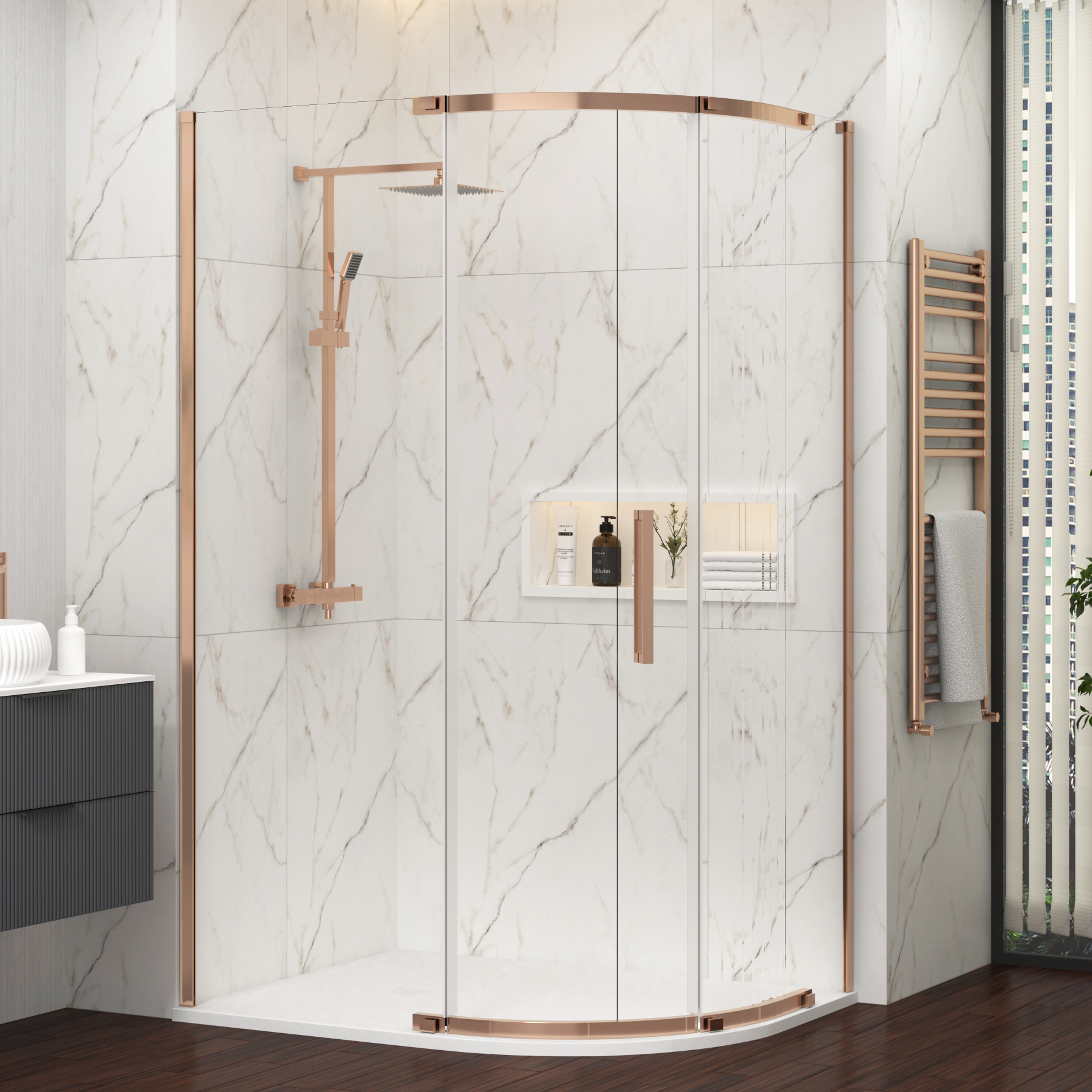 Chelsea 1200 x 800mm Single Door Offset Quadrant Shower Enclosure with White Stone Tray 8mm Easy Clean Glass, 1950mm Tall - Brushed Bronze