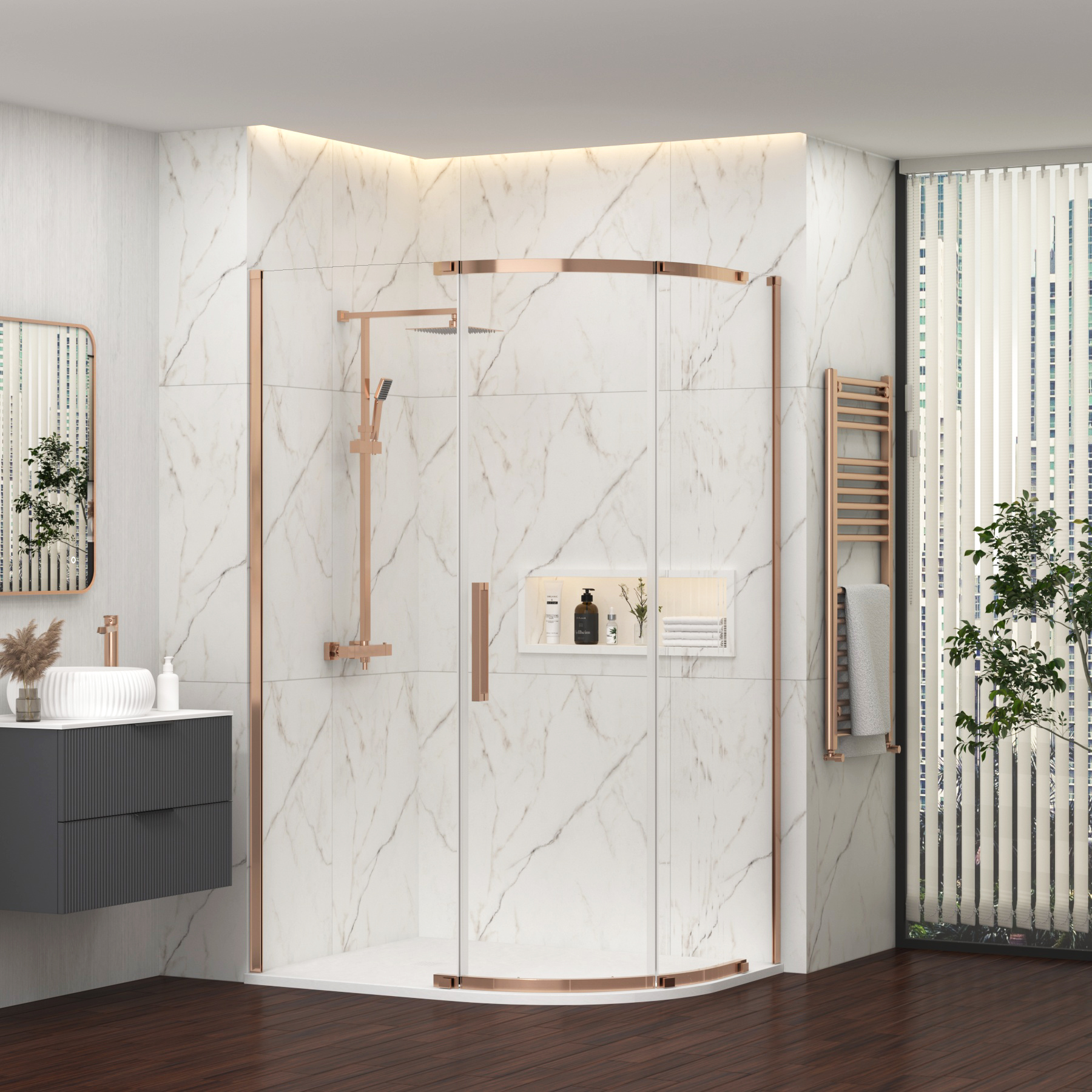 Chelsea 1200 x 800mm Single Door Offset Quadrant Shower Enclosure with White Stone Tray 8mm Easy Clean Glass, 1950mm Tall - Brushed Bronze