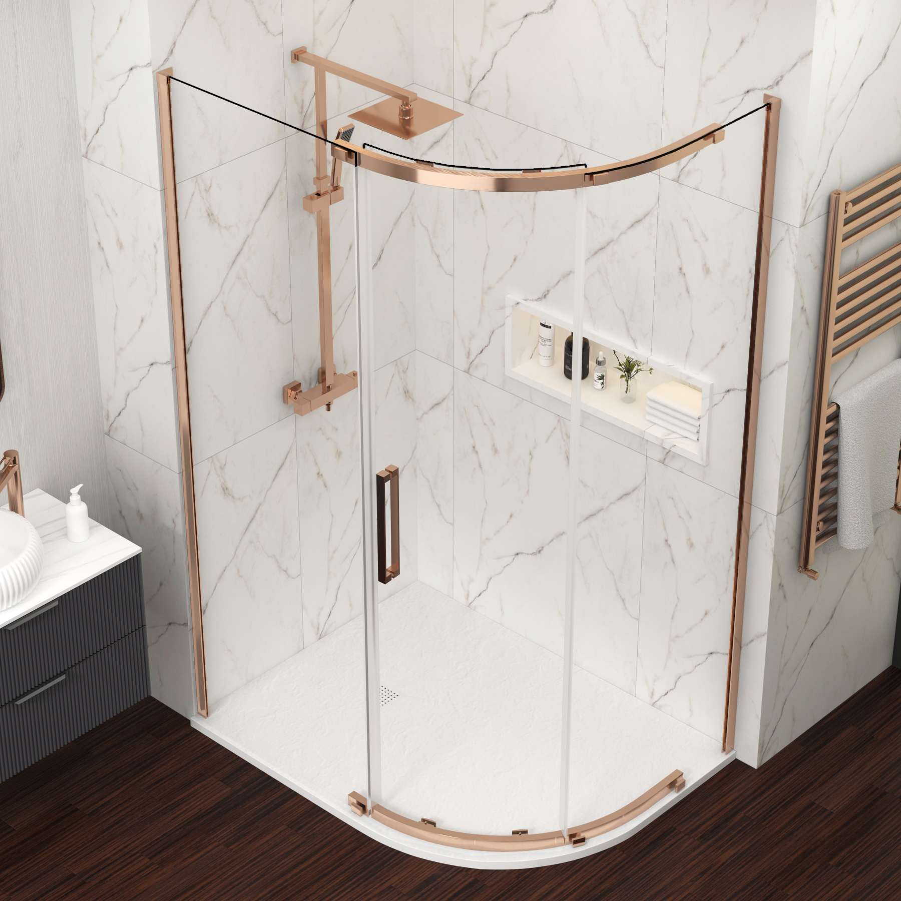 Chelsea 1200 x 800mm Single Door Offset Quadrant Shower Enclosure with White Stone Tray 8mm Easy Clean Glass, 1950mm Tall - Brushed Bronze
