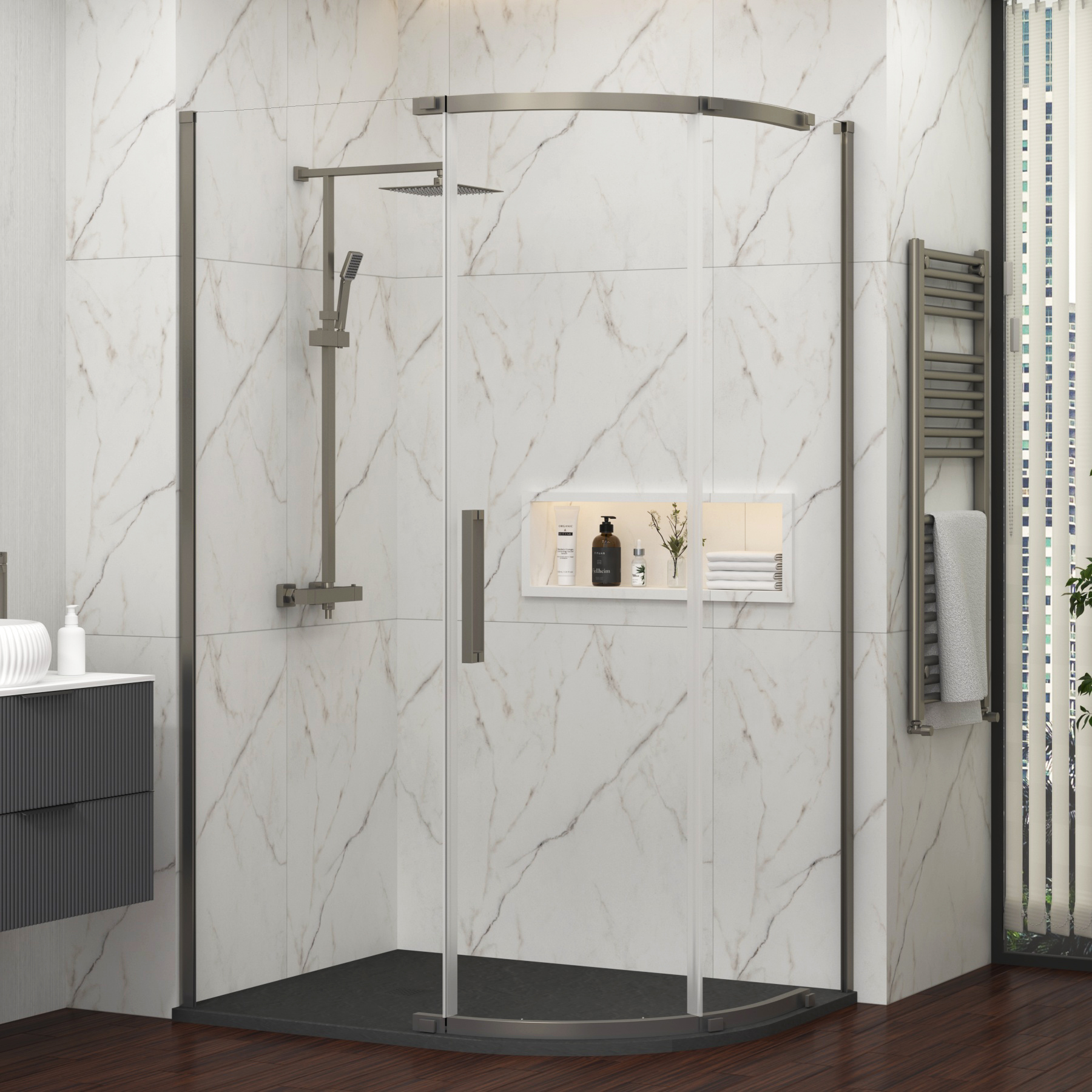 Chelsea 1200 x 800mm Single Door Offset Quadrant Shower Enclosure with Black Stone Tray 8mm Easy Clean Glass, 1950mm Tall - Gun Metal Grey