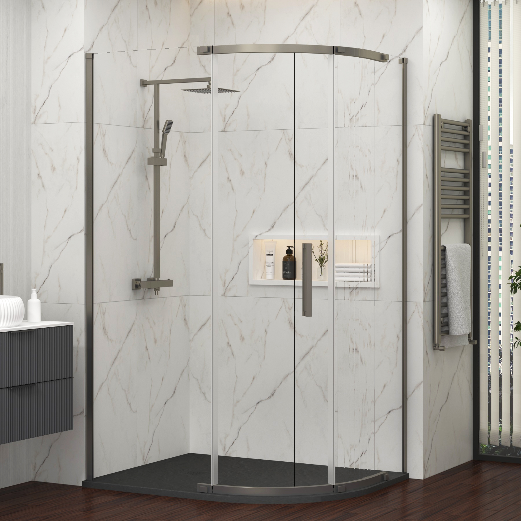 Chelsea 1200 x 800mm Single Door Offset Quadrant Shower Enclosure with Black Stone Tray 8mm Easy Clean Glass, 1950mm Tall - Gun Metal Grey