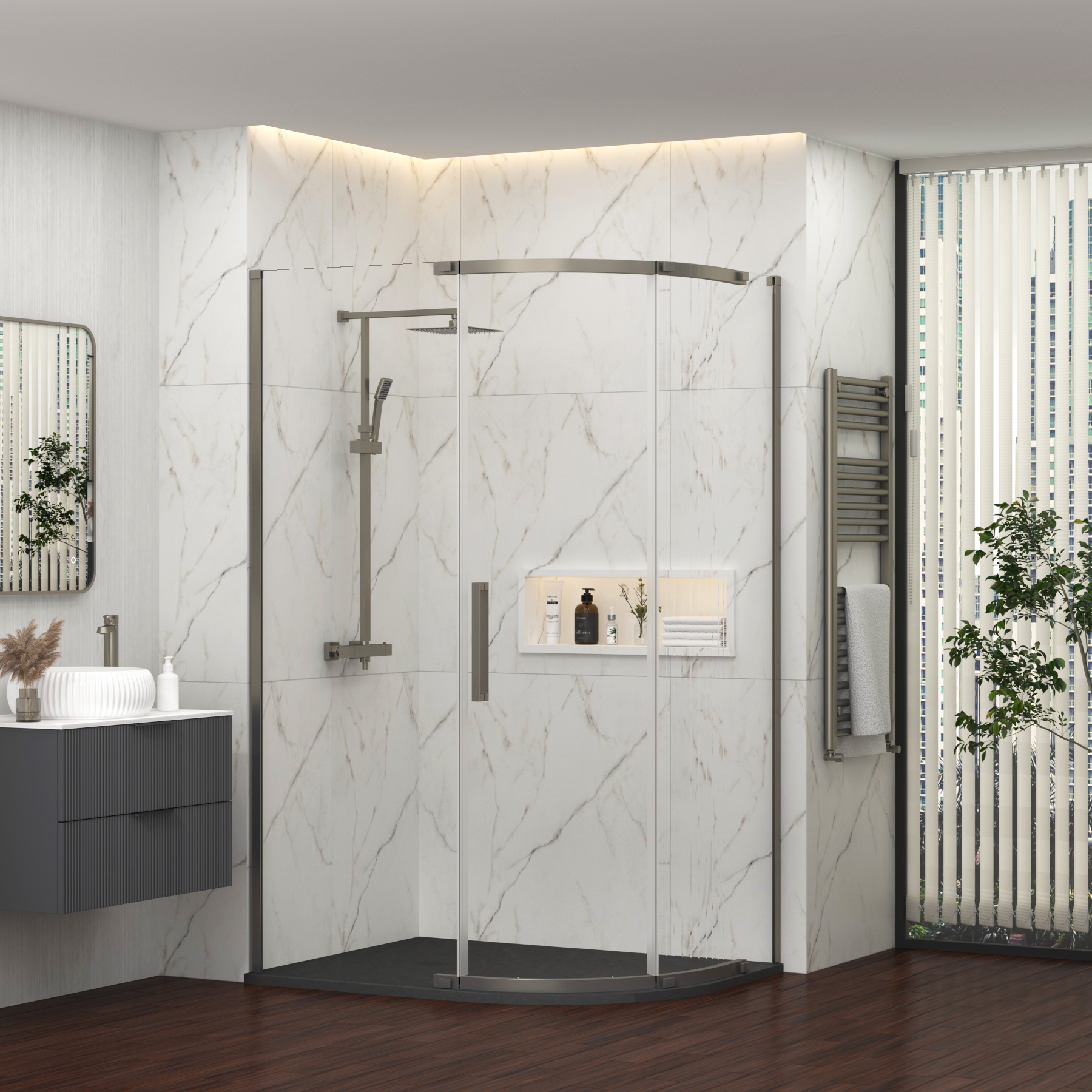 Chelsea 1200 x 800mm Single Door Offset Quadrant Shower Enclosure with Black Stone Tray 8mm Easy Clean Glass, 1950mm Tall - Gun Metal Grey