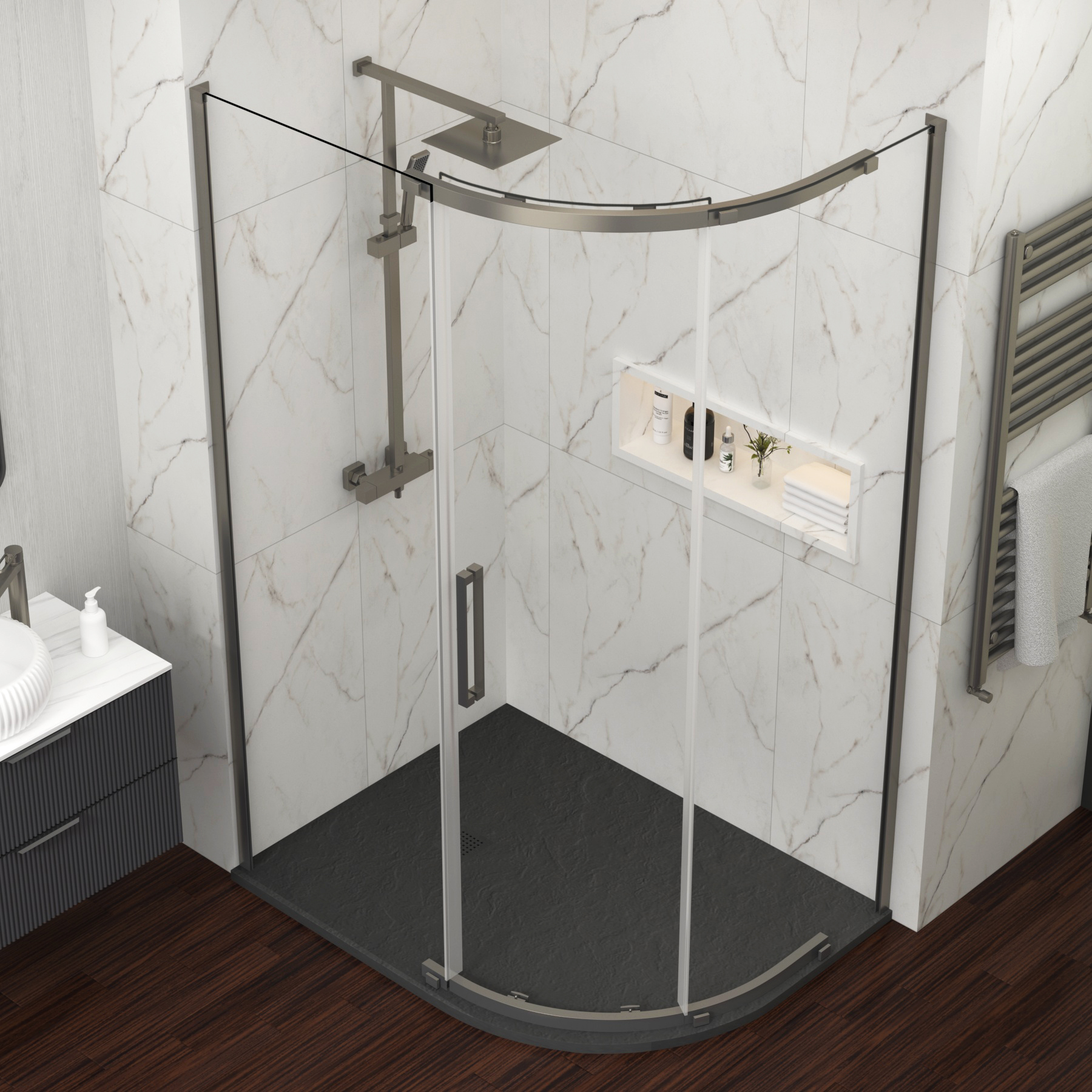Chelsea 1200 x 800mm Single Door Offset Quadrant Shower Enclosure with Black Stone Tray 8mm Easy Clean Glass, 1950mm Tall - Gun Metal Grey