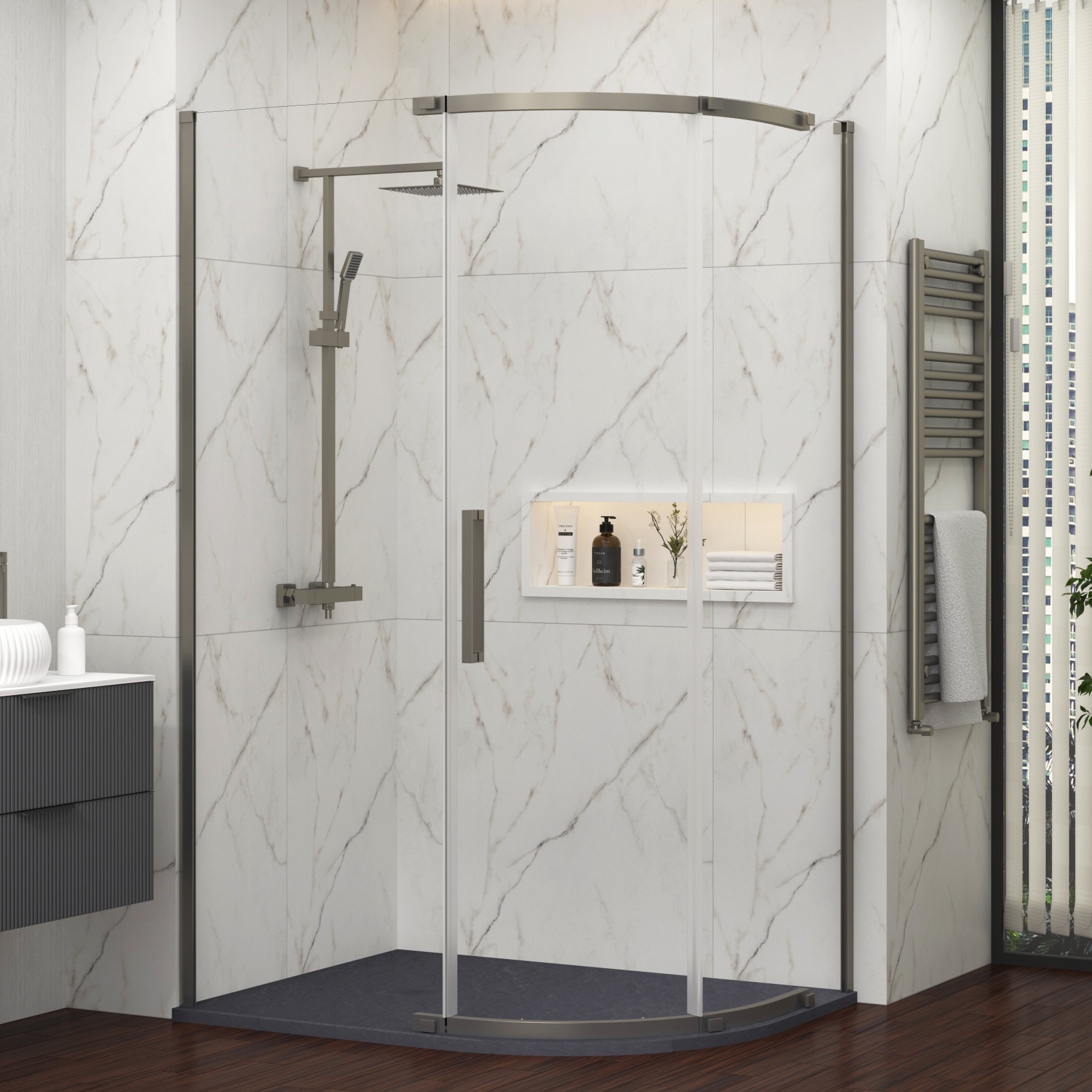Chelsea 1200 x 800mm Single Door Offset Quadrant Shower Enclosure with Grey Stone Tray 8mm Easy Clean Glass, 1950mm Tall - Gun Metal Grey