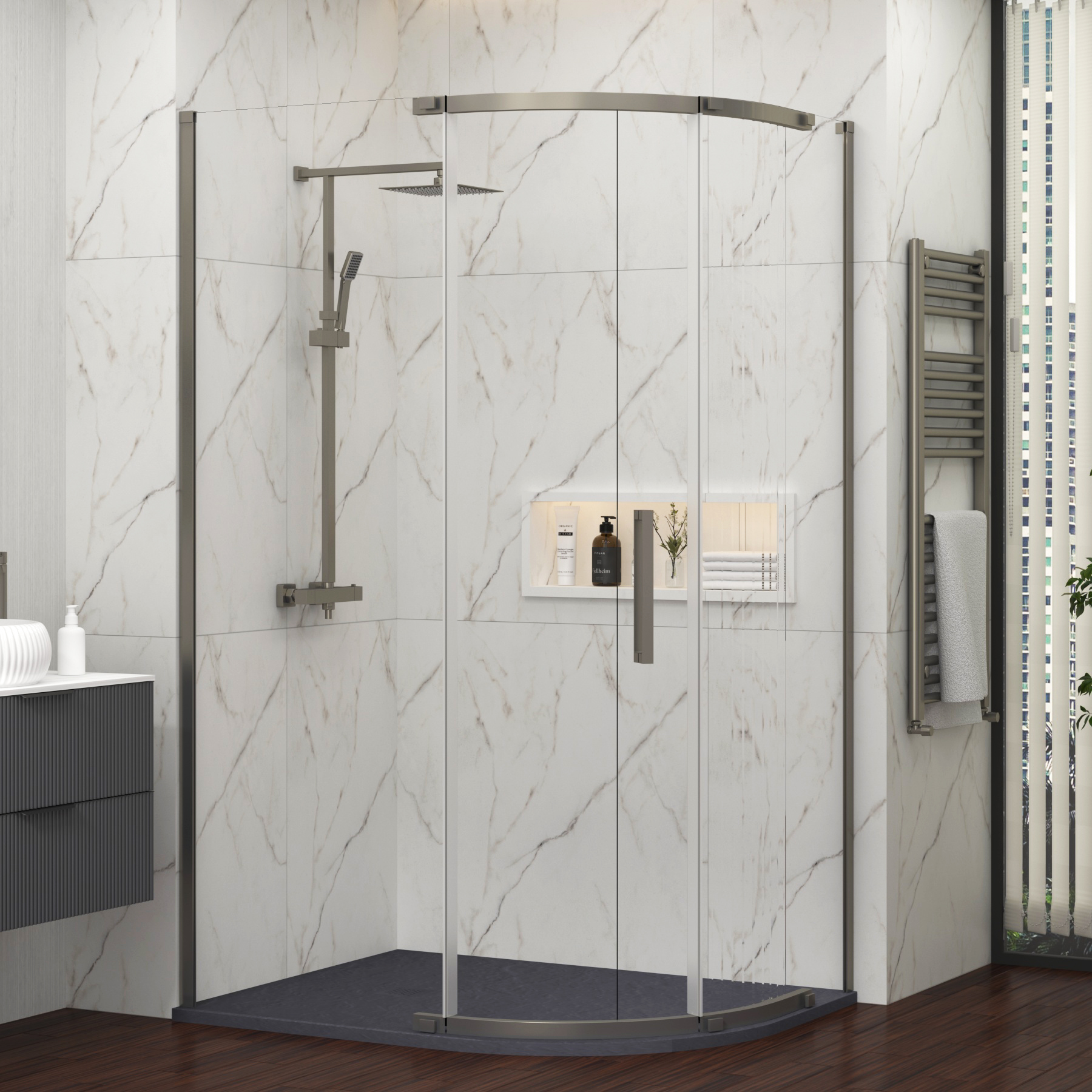 Chelsea 1200 x 800mm Single Door Offset Quadrant Shower Enclosure with Grey Stone Tray 8mm Easy Clean Glass, 1950mm Tall - Gun Metal Grey