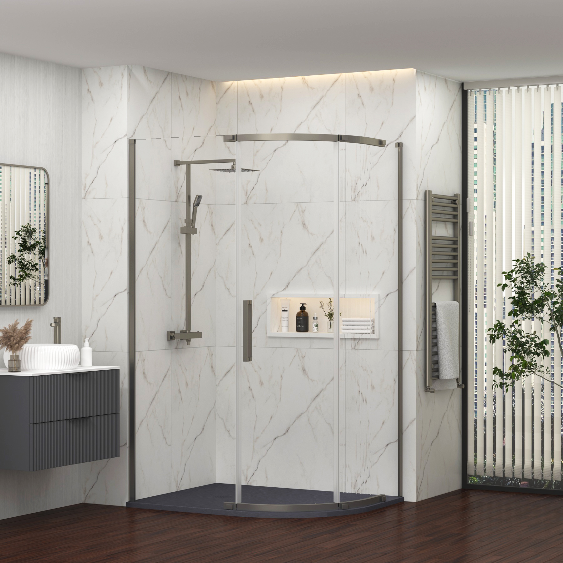 Chelsea 1200 x 800mm Single Door Offset Quadrant Shower Enclosure with Grey Stone Tray 8mm Easy Clean Glass, 1950mm Tall - Gun Metal Grey