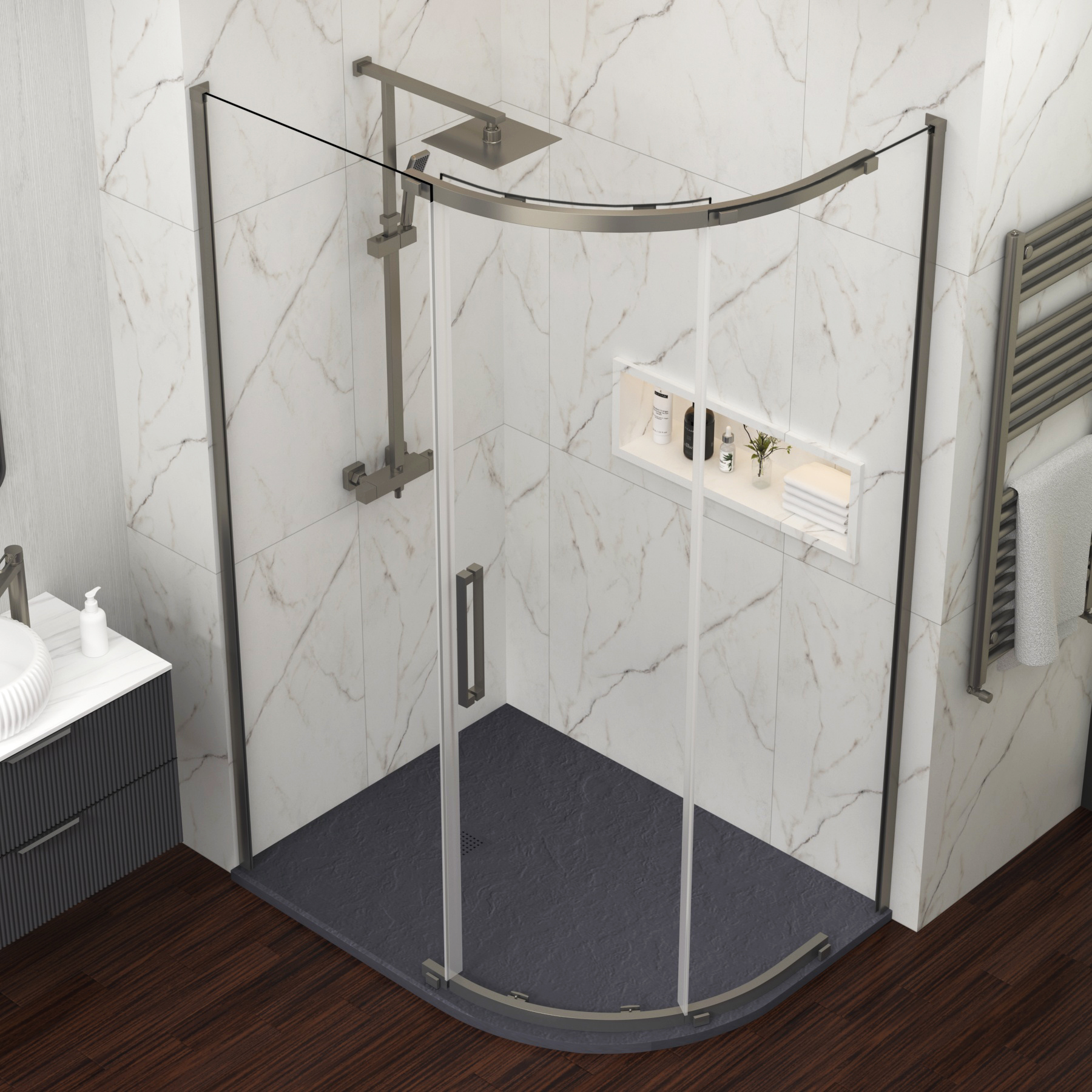 Chelsea 1200 x 800mm Single Door Offset Quadrant Shower Enclosure with Grey Stone Tray 8mm Easy Clean Glass, 1950mm Tall - Gun Metal Grey