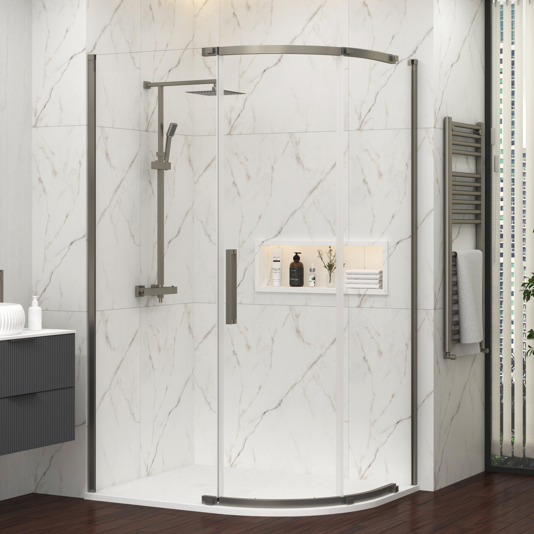 Chelsea 1200 x 800mm Single Door Offset Quadrant Shower Enclosure with White Stone Tray 8mm Easy Clean Glass, 1950mm Tall - Gun Metal Grey