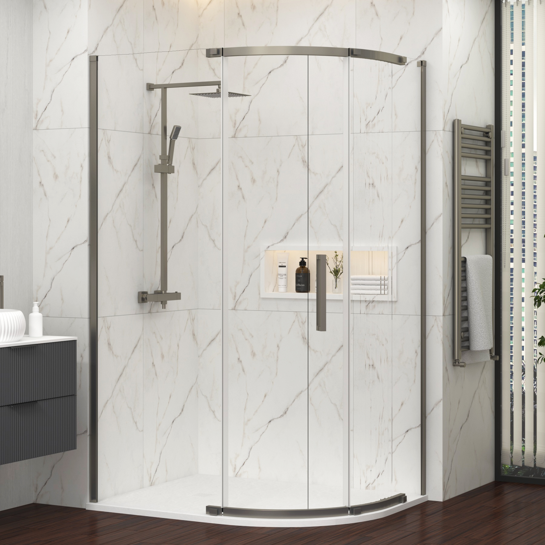 Chelsea 1200 x 800mm Single Door Offset Quadrant Shower Enclosure with White Stone Tray 8mm Easy Clean Glass, 1950mm Tall - Gun Metal Grey