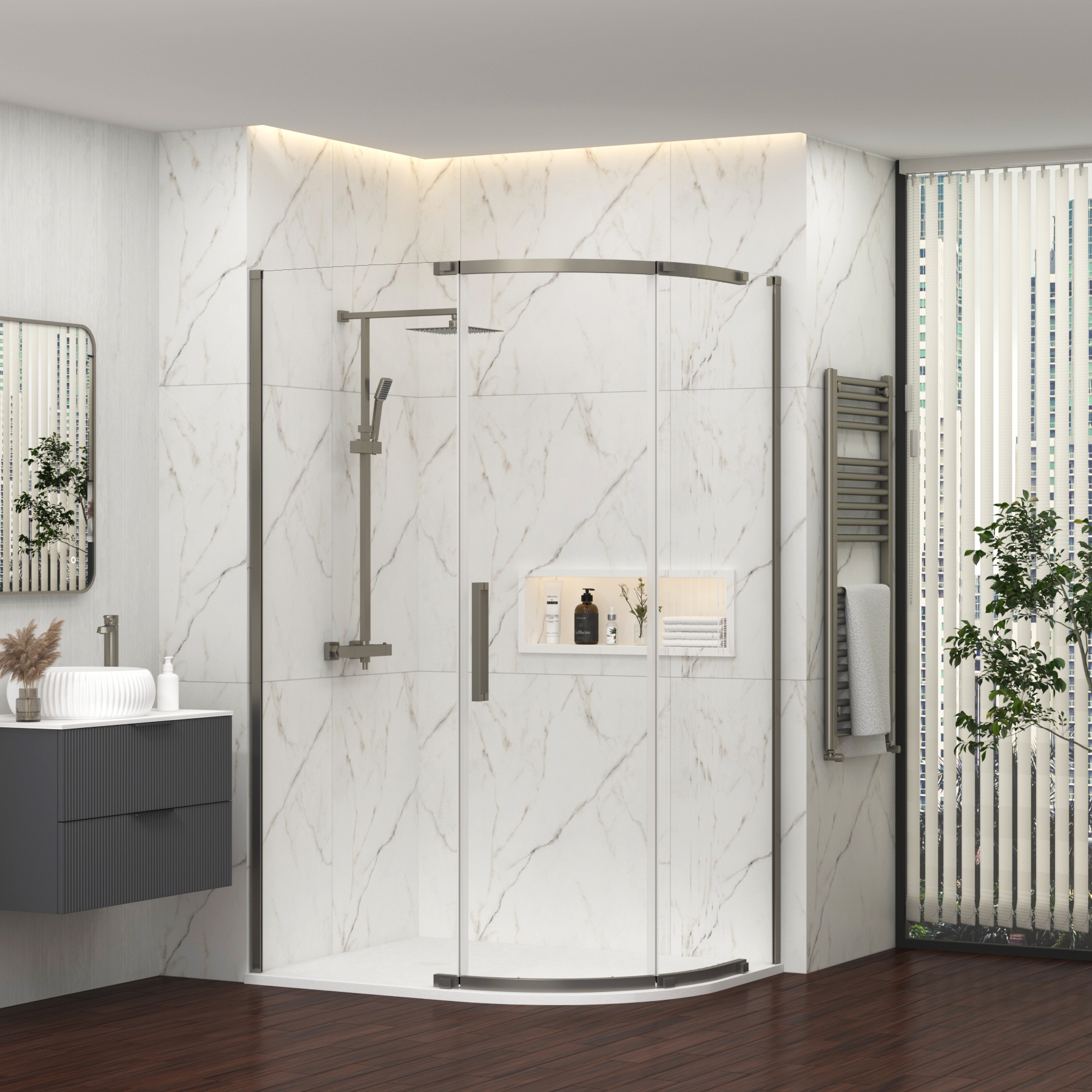 Chelsea 1200 x 800mm Single Door Offset Quadrant Shower Enclosure with White Stone Tray 8mm Easy Clean Glass, 1950mm Tall - Gun Metal Grey