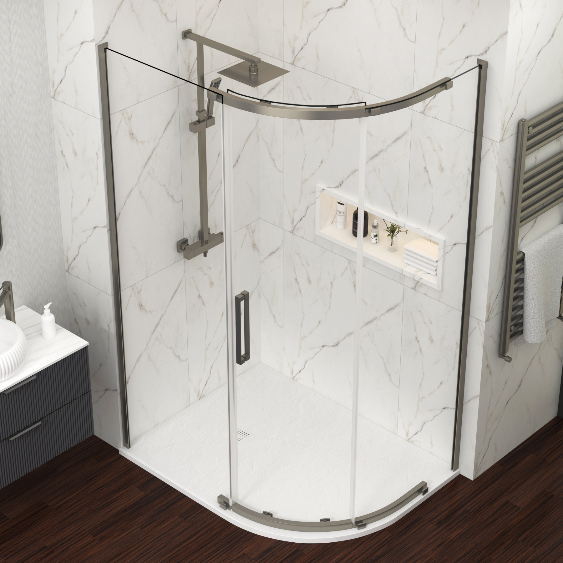 Chelsea 1200 x 800mm Single Door Offset Quadrant Shower Enclosure with White Stone Tray 8mm Easy Clean Glass, 1950mm Tall - Gun Metal Grey
