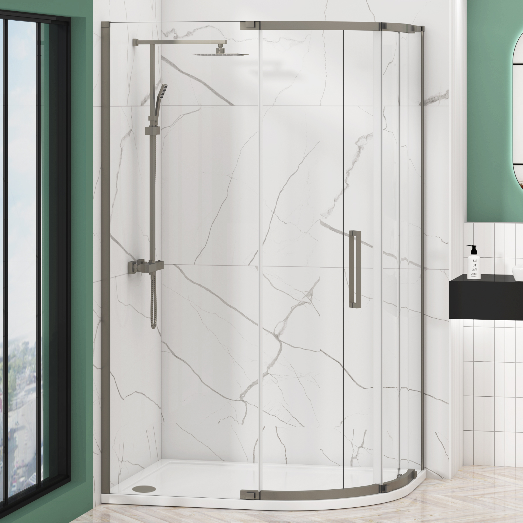 Chelsea Single Door Offset Quadrant Shower Enclosure with Stone Tray 8mm Easy Clean Glass, 1950mm Tall - Gun Metal Grey