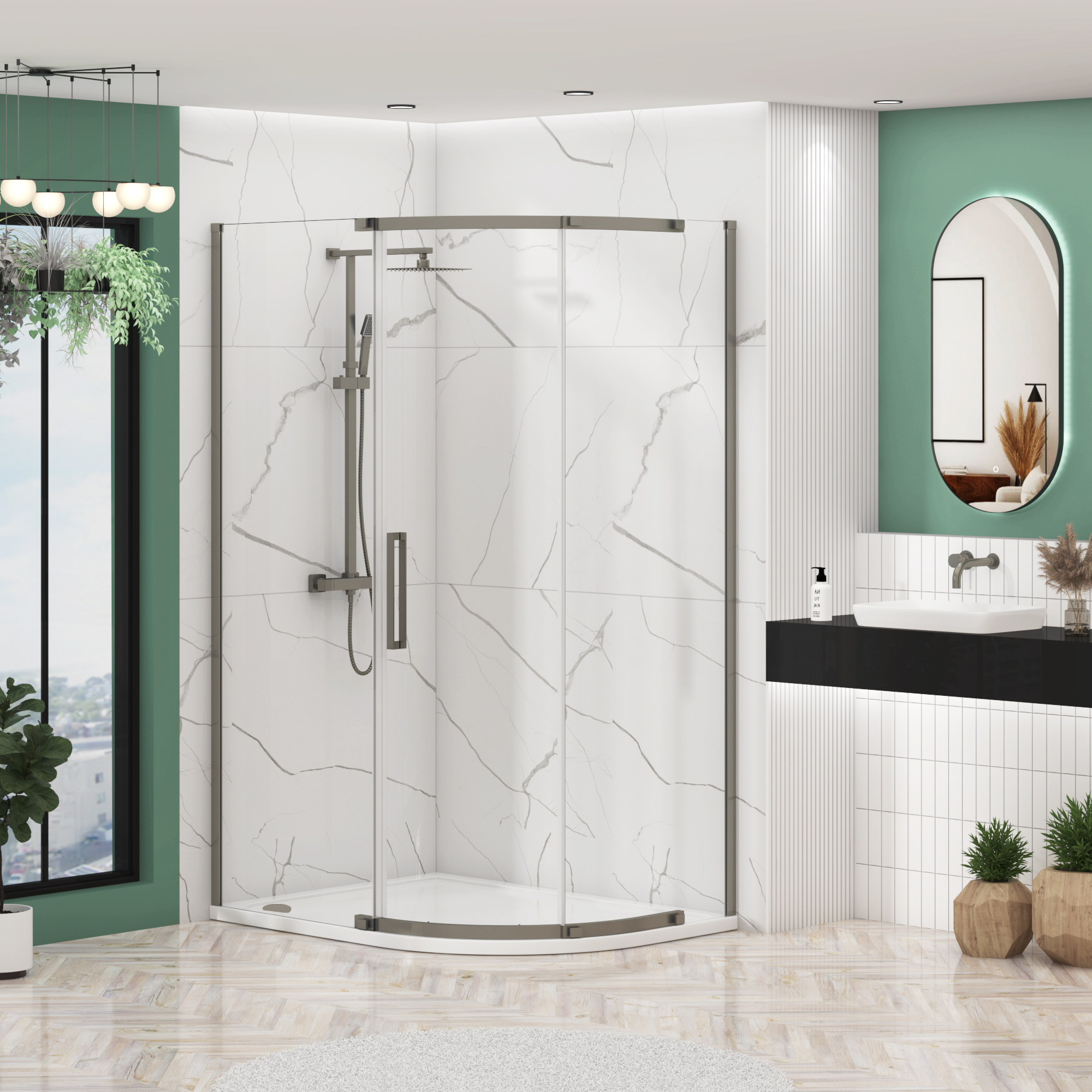 Chelsea Single Door Offset Quadrant Shower Enclosure with Stone Tray 8mm Easy Clean Glass, 1950mm Tall - Gun Metal Grey