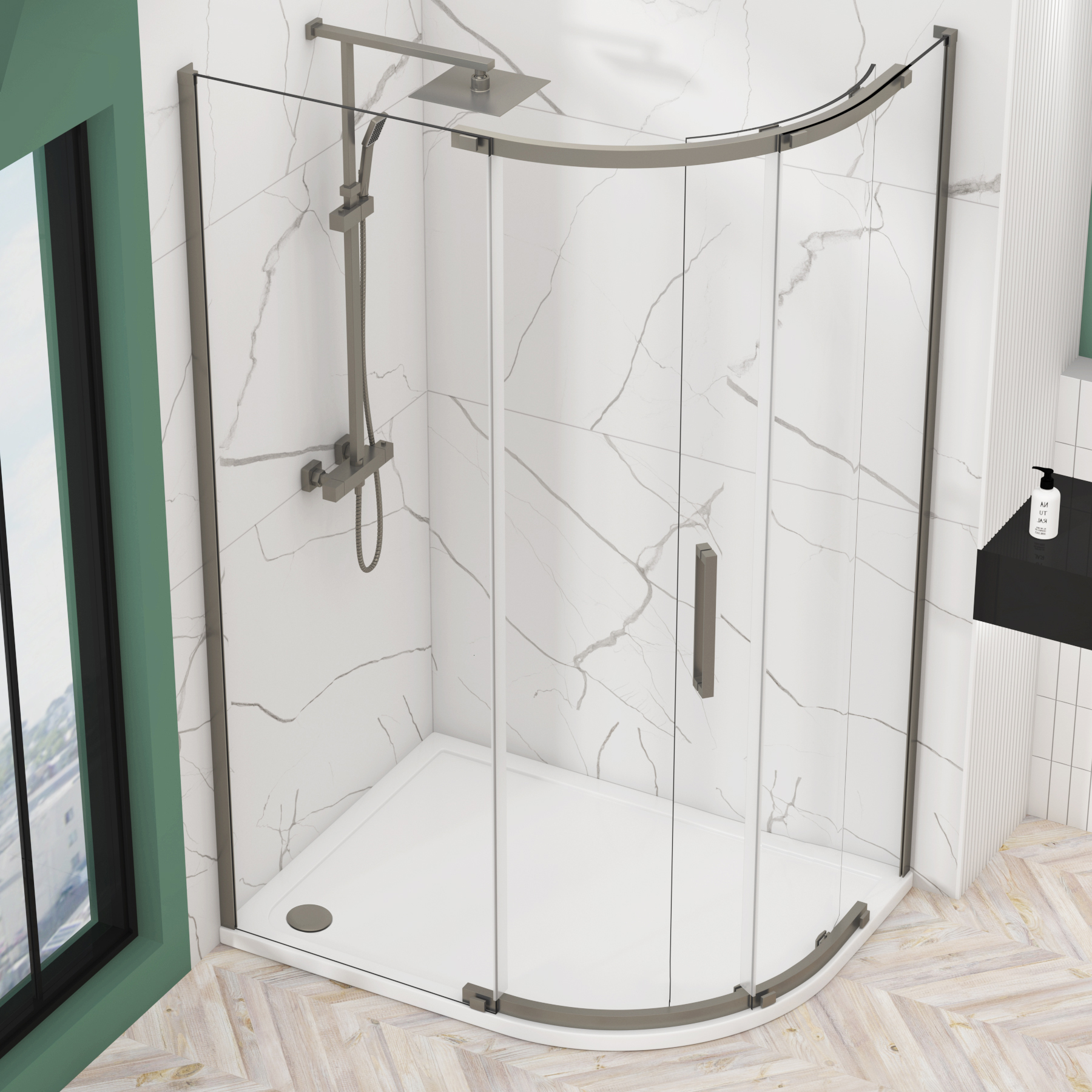 Chelsea Single Door Offset Quadrant Shower Enclosure with Stone Tray 8mm Easy Clean Glass, 1950mm Tall - Gun Metal Grey