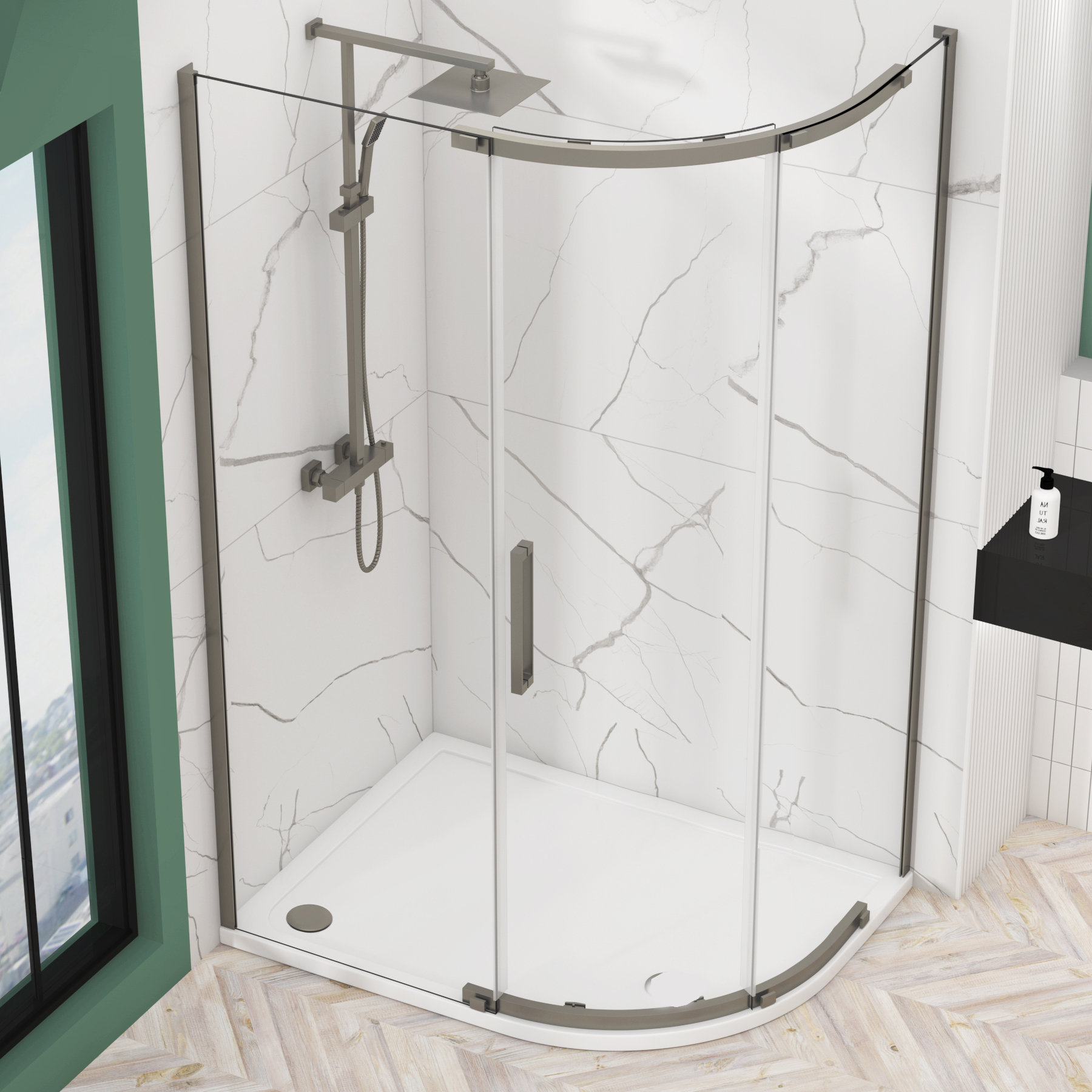 Chelsea Single Door Offset Quadrant Shower Enclosure with Stone Tray 8mm Easy Clean Glass, 1950mm Tall - Gun Metal Grey