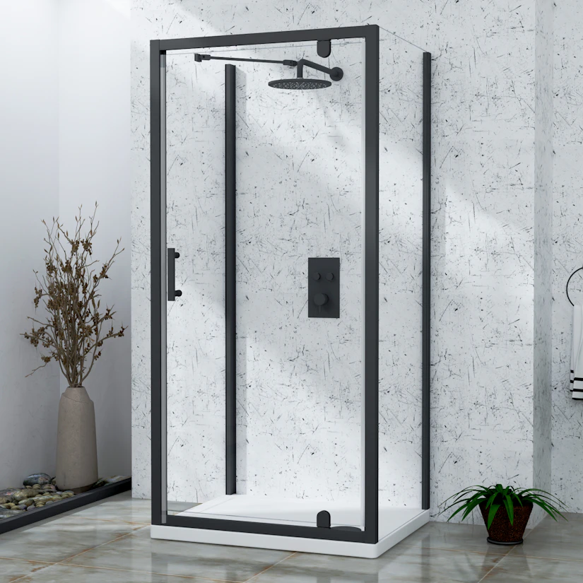 Milan 700 x 800mm Matt Black Rectangular Pivot Door 3-Sided Shower ...
